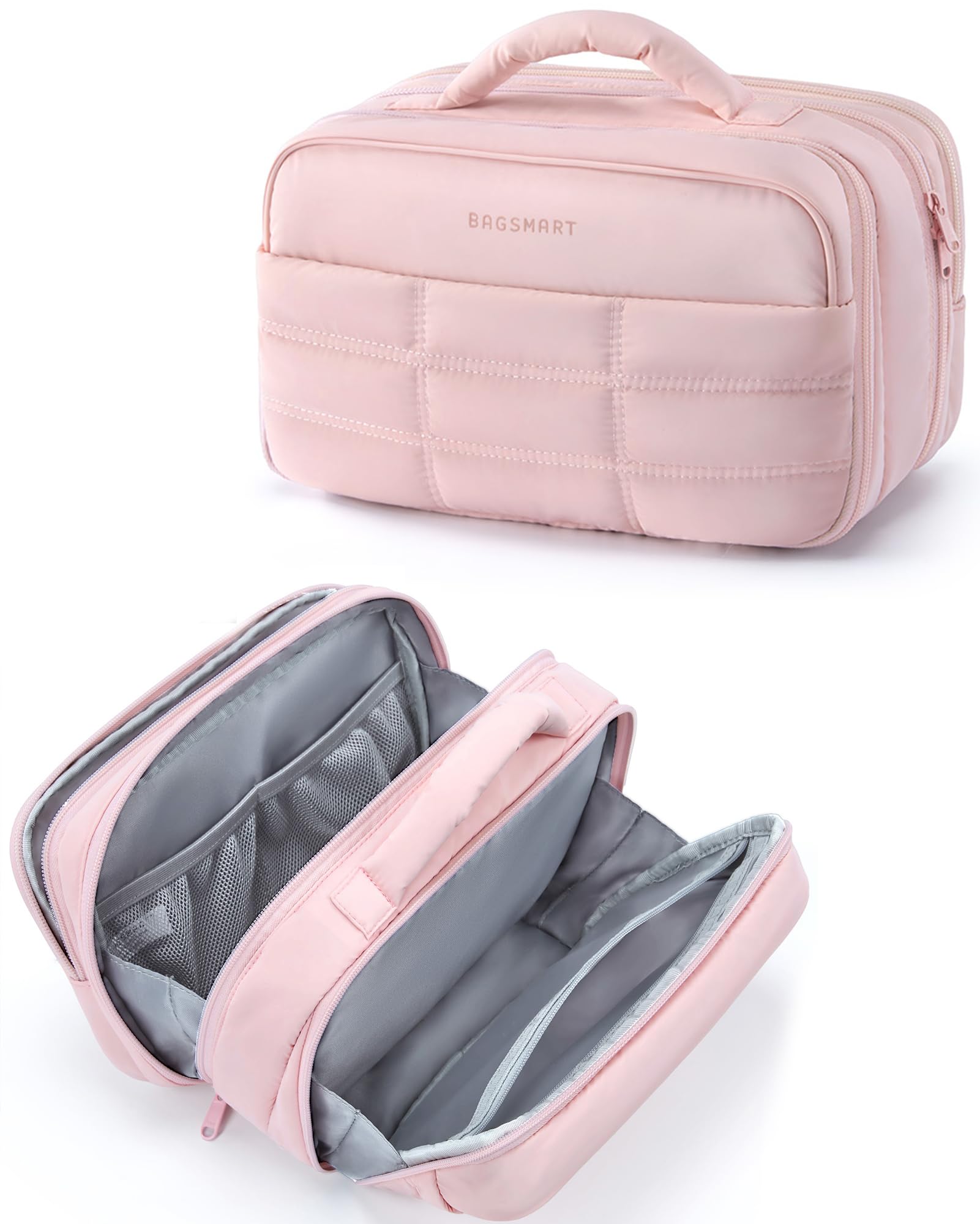 BAGSMART Women's Travel Toiletry Bag - Large Capacity Makeup Organizer with Wide Opening for Cosmetics, Brushes & Travel-Size Bottles - Perfect for Vacation, Gym & Business Trips (Pink)