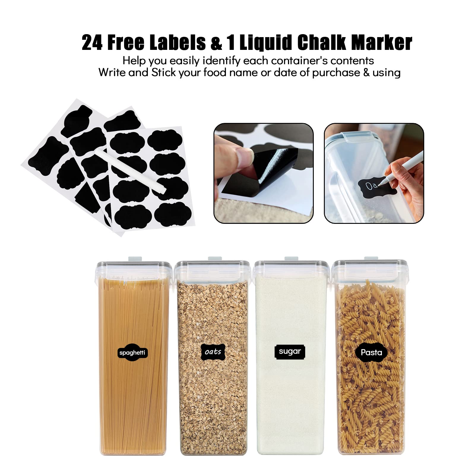 4-Pack 4L Plastic Airtight Cereal Storage Containers with Lids - BPA-Free Food Grade Kitchen Organization Set Includes 24 Labels & Marker - Perfect for Pantry, Flour, Rice, Sugar, Snacks & Dry Food Storage