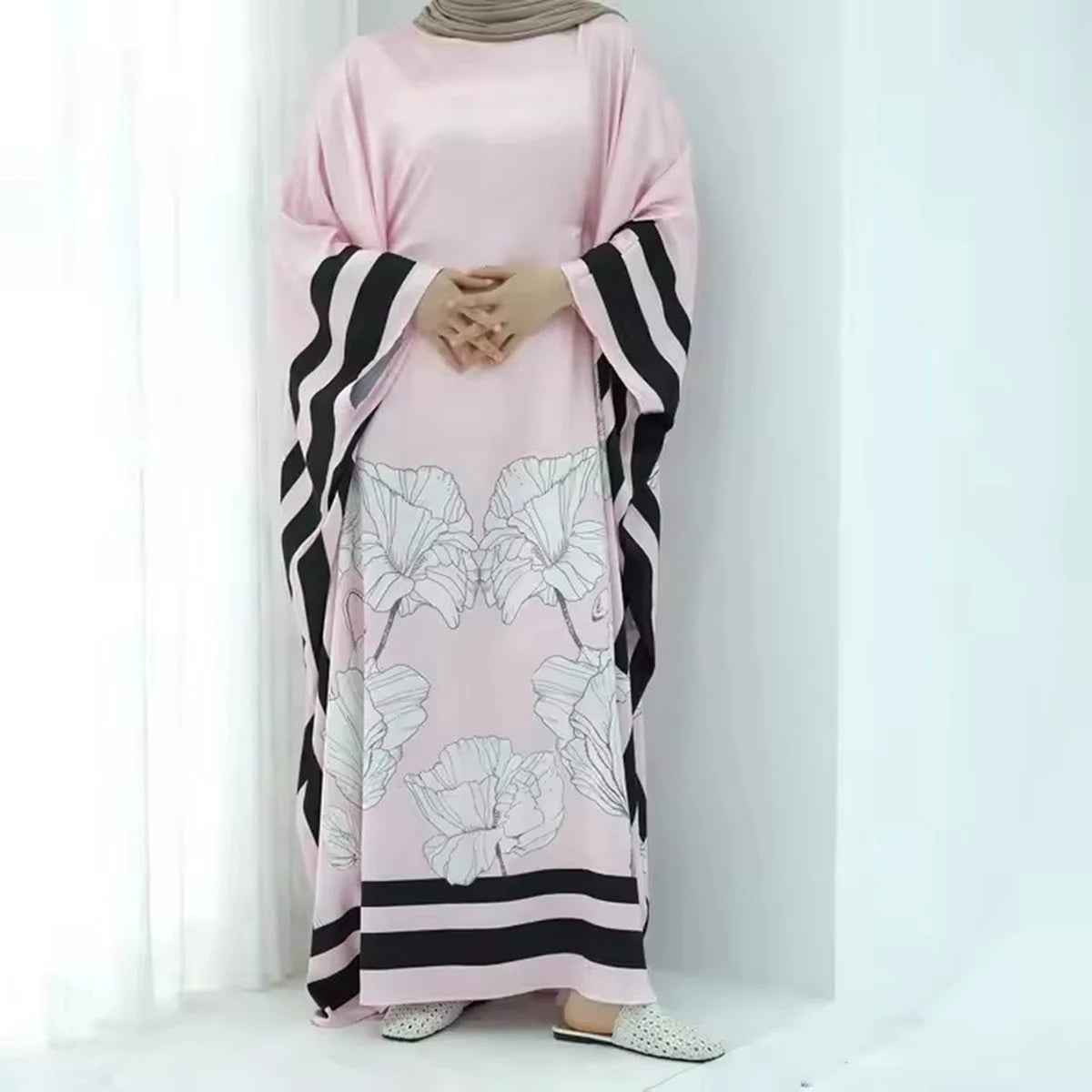 Elegant Satin Abaya Dress with Butterfly Sleeves - Floral Printed Islamic Prayer Dress in Maroon, Green, Pink & White - Perfect for Eid, Ramadan & Special Occasions