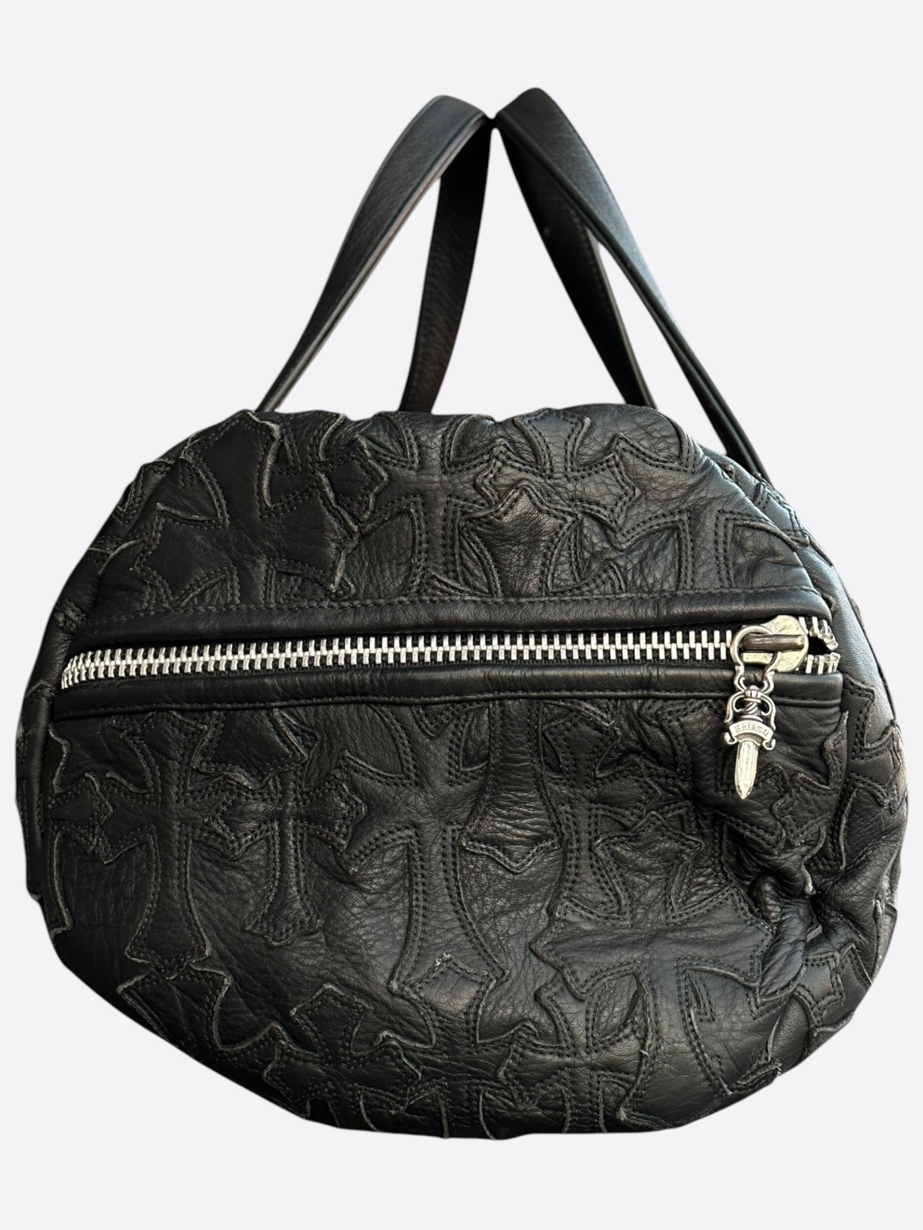 Chrome Hearts Black Leather Cross Patch Duffel Bag for Travel & Gym - Stylish Designer Weekender Bag for Men & Women