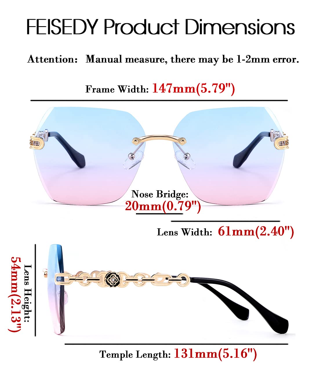 FEISEDY Women's Rimless Hexagonal Sunglasses with Gradient Lenses for Fashion Outfits