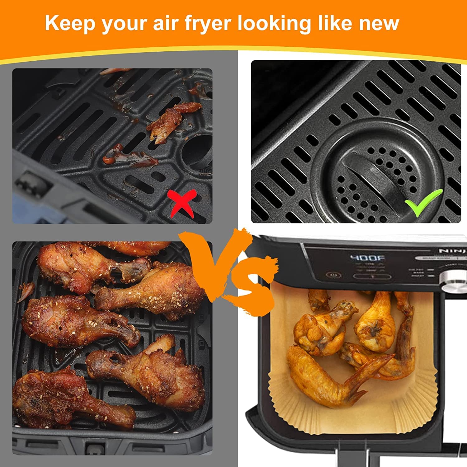 100 Pcs Disposable Non-Stick Air Fryer Liners - Compatible with Ninja DZ201, DZ401, DZ550, Cosori, Chefman & Dual Air Fryers - Perfect for Healthy Cooking & Easy Cleanup