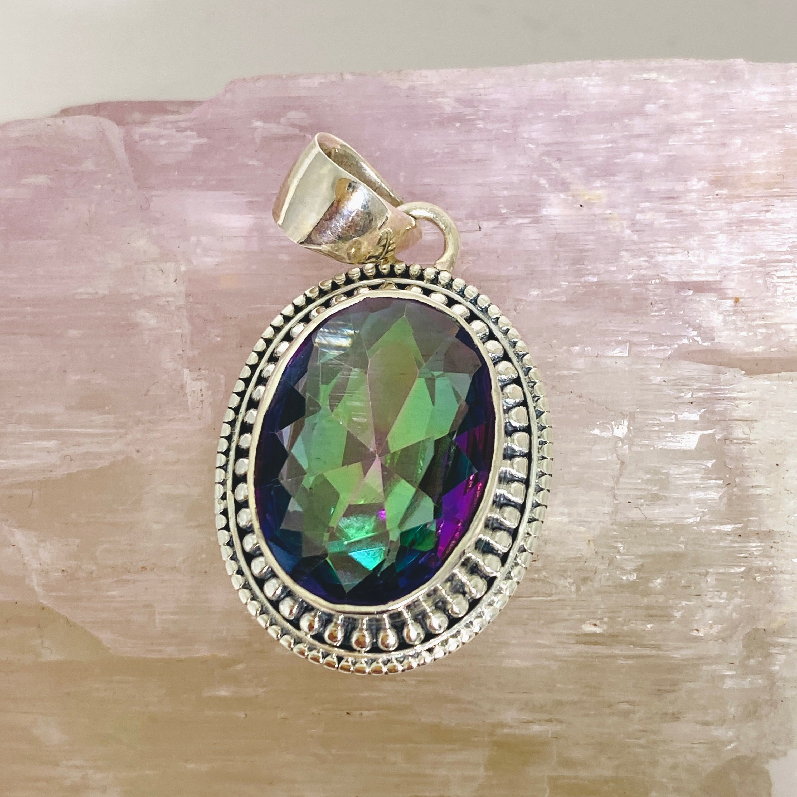 Natural Mystic Topaz Oval Faceted Boho Pendant Necklace - 925 Sterling Silver Jewelry - Perfect for Boho Chic Outfits & Special Occasions