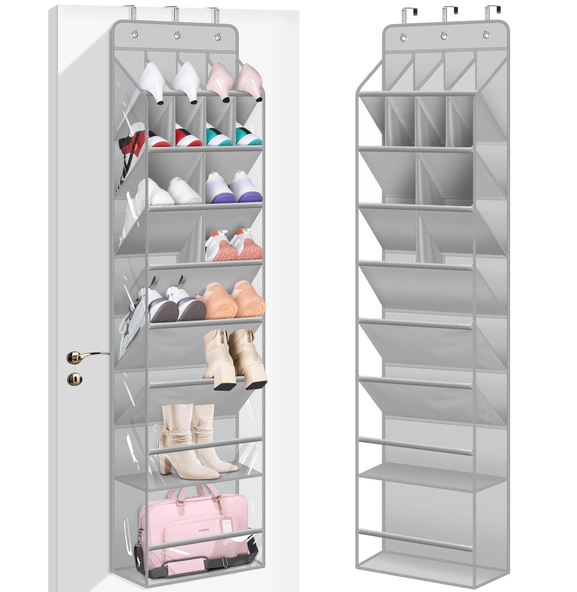 MISSLO Clear Over the Door Shoe Organizer with Large Deep Pockets - Hanging Shoe Rack for Closet Fits 20 Pairs - Perfect for Sneakers, Boots & Heels Storage (Grey) - Ideal for Bedroom, Dorm & Entryway Organization