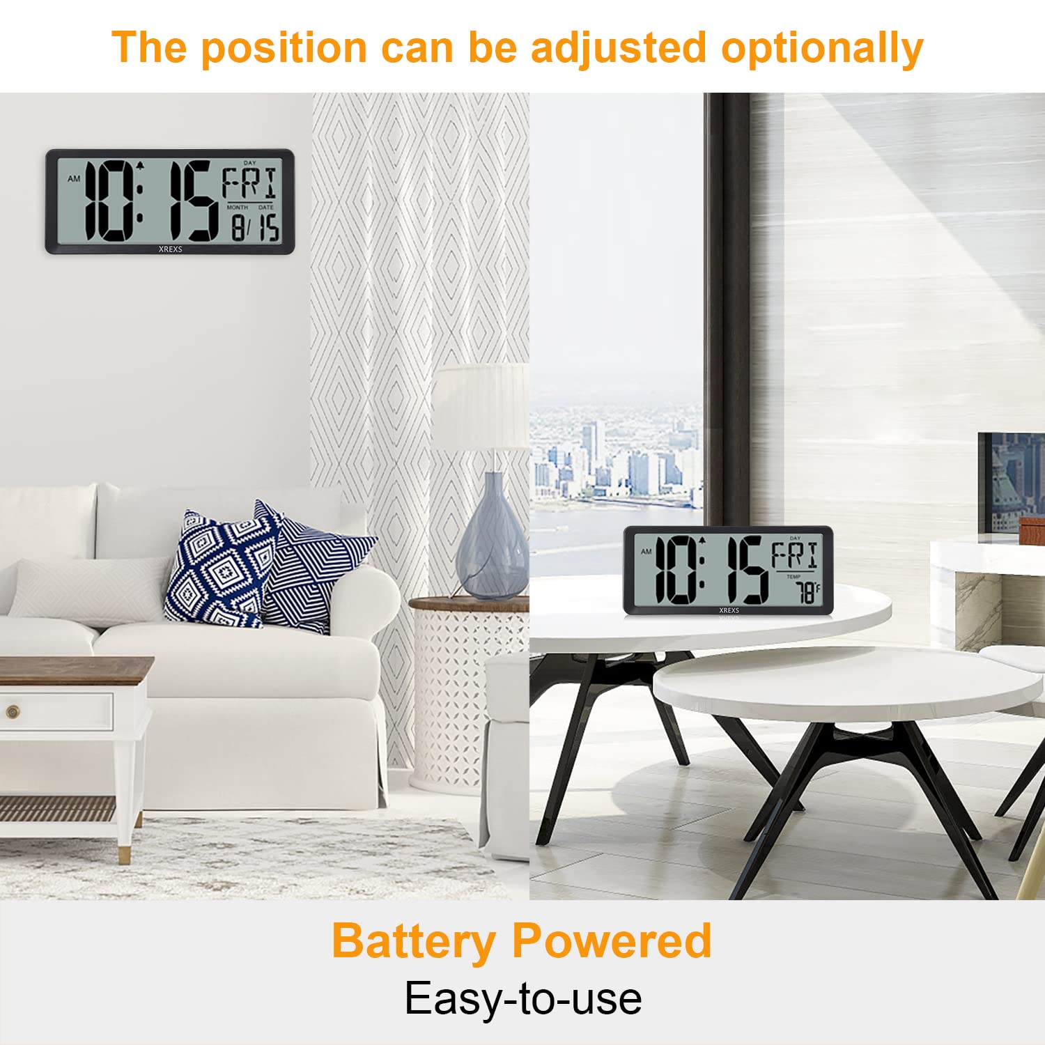 XREXS 14.17 Inch Large Digital Wall Clock with LCD Screen - Battery Operated Alarm Clock with Time, Calendar & Temperature Display - Count Up/Down Timer for Bedroom, Office & Home Decor (Batteries Included) - Perfect for Living Rooms, Kitchens, Classrooms & Workspaces