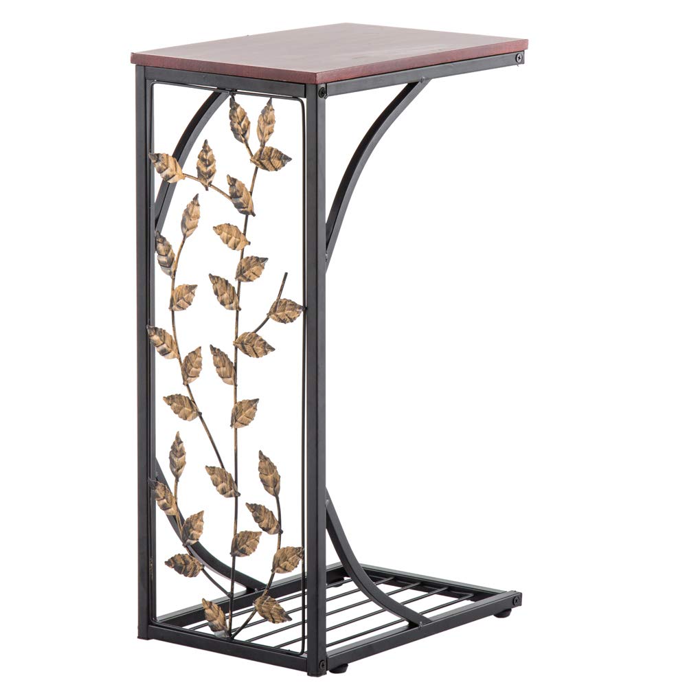 MengK 54 x 30.5 x 21CM Brown Leaf Pattern Iron Side Table - Rustic End Table for Living Room, Bedroom, or Outdoor Patio Decor
