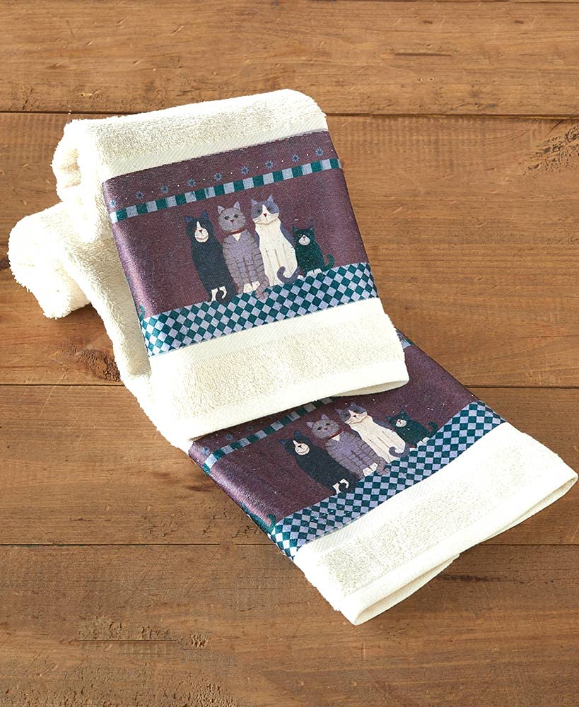 Country Cats Hand Towels Set of 2 - Absorbent Cotton Kitchen & Bath Towels for Drying Hands, Dishes - Cute Cat Print Home Decor for Bathroom, Kitchen, Laundry Room