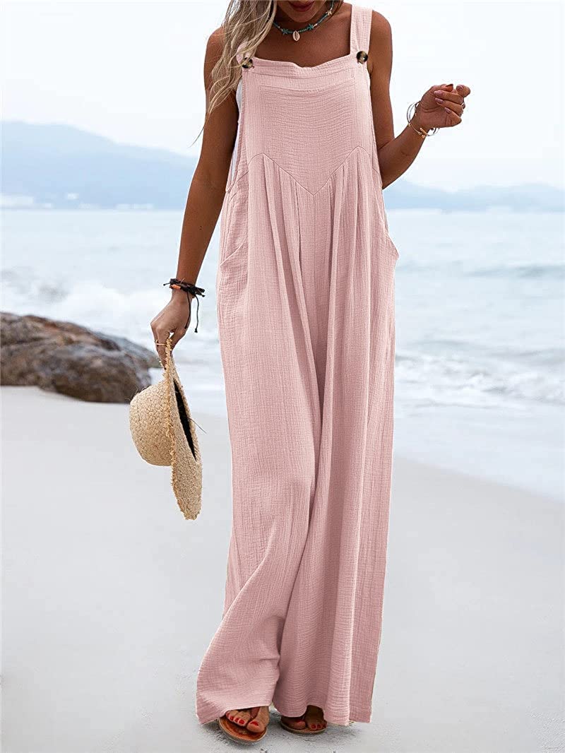 Women's Wide Leg Overalls - Sleeveless Jumpsuit with Pockets | Loose Comfortable Baggy Suspender Romper | Casual Summer Outfit for Beach, Travel & Streetwear