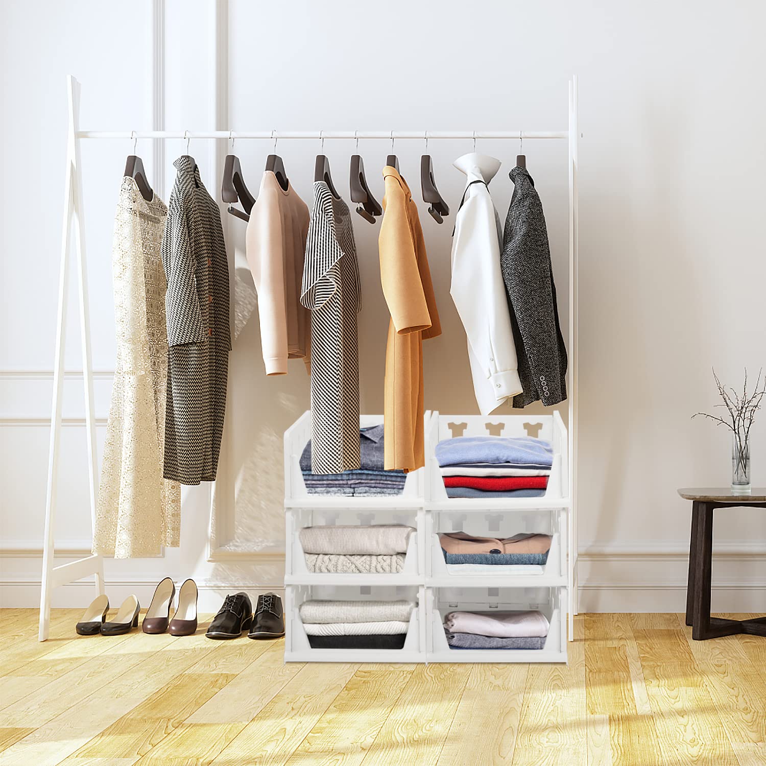 Hossejoy 4 Pack Stackable Plastic Wardrobe Closet Shelves - Foldable Clothes Drawer Organizer with Clothes Pattern - Storage Bins for Bedroom, Office, Kitchen & Bathroom Organization (White) - Perfect for Small Spaces & Closet Storage Solutions