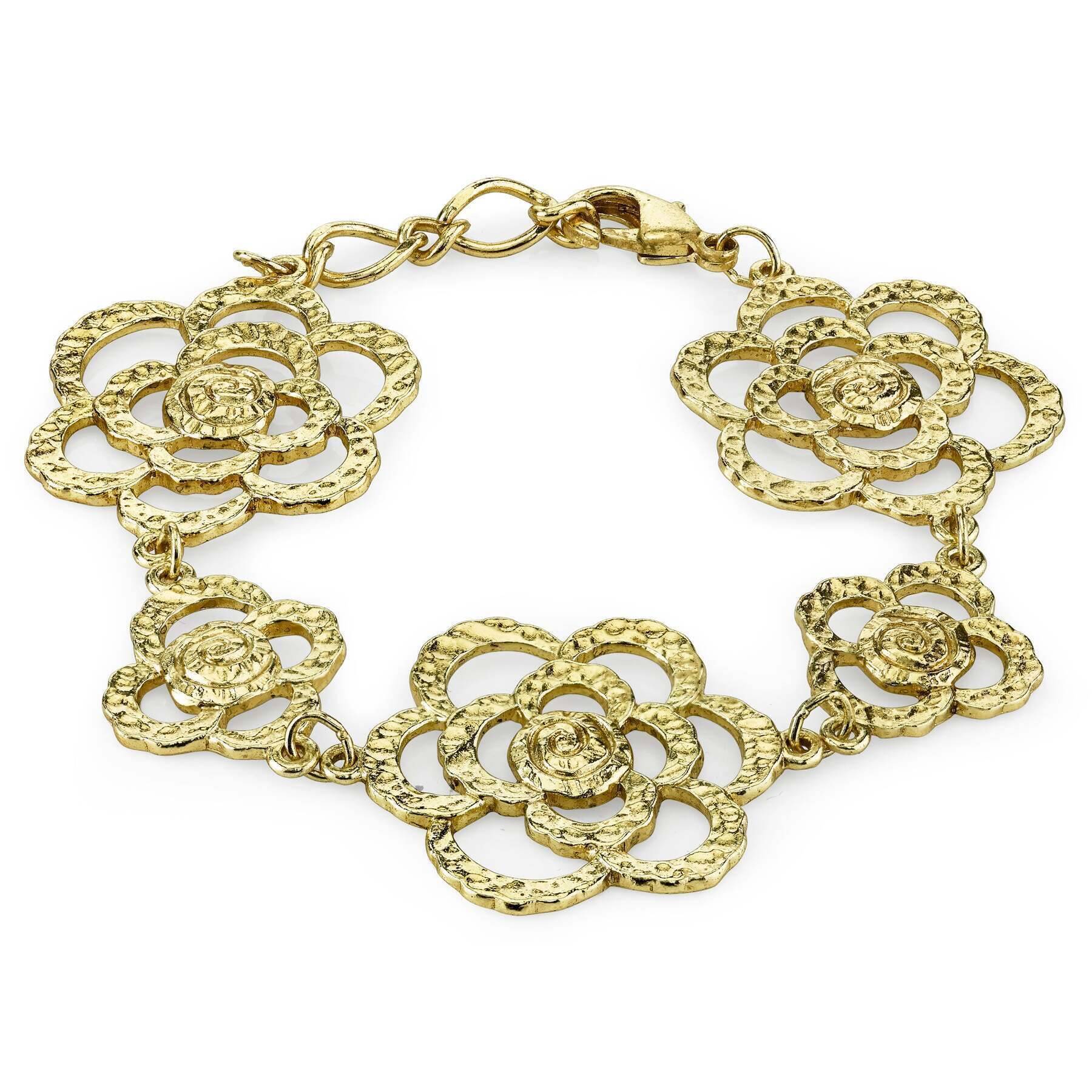 1928 Gold Hammered Flower Bracelet for Women - Vintage Boho Jewelry Gift for Her - Perfect for Weddings, Parties & Everyday Wear