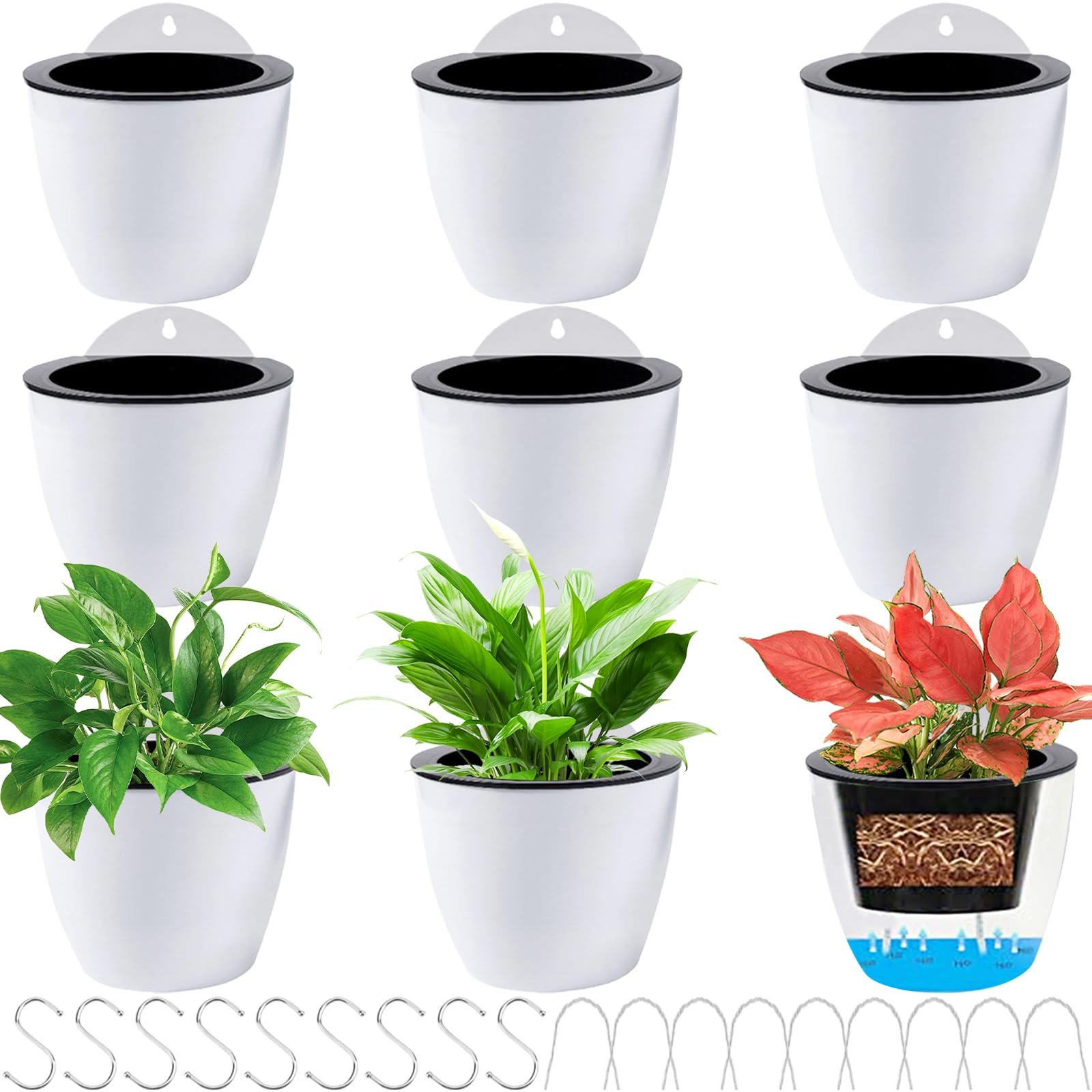 Jucoan 9 Pack Self Watering Wall Hanging Planters - 5 Inch White Plastic Indoor Flower Pots with 9 Hooks for Cactus, Succulents & Small Plants - Perfect for Garden Fence, Porch, Wall Decor & Indoor Greenery