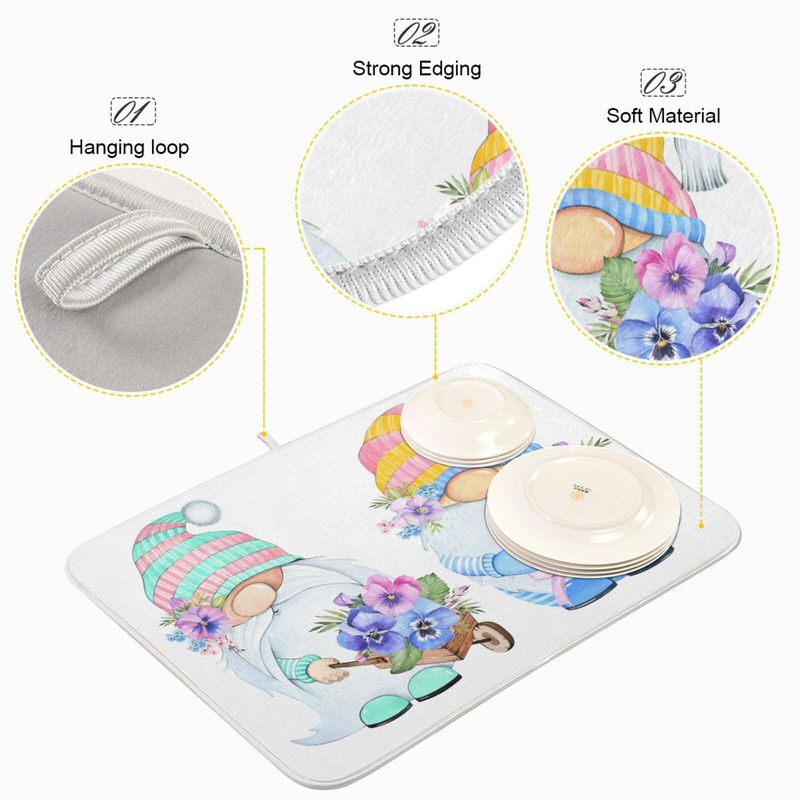 Spring Gnomes Dish Drying Mat - Absorbent Heat-resistant Kitchen Mat for Counter (18x24in) - Perfect for Drying Dishes & Decor