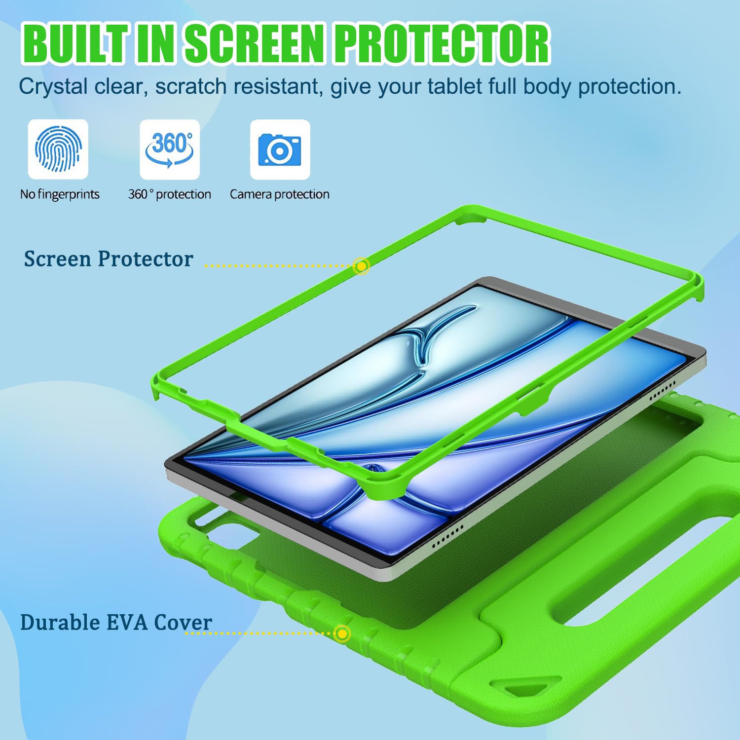 BMOUO Shockproof Kids Case for iPad Air 11-inch M3 (2025) / M2 (2024), iPad Air 5th Gen (2022) / Air 4th Gen (2020) 10.9 Inch - Convertible Handle Stand Protective Cover for Children, Green - Perfect for Home Learning, Travel & Playtime