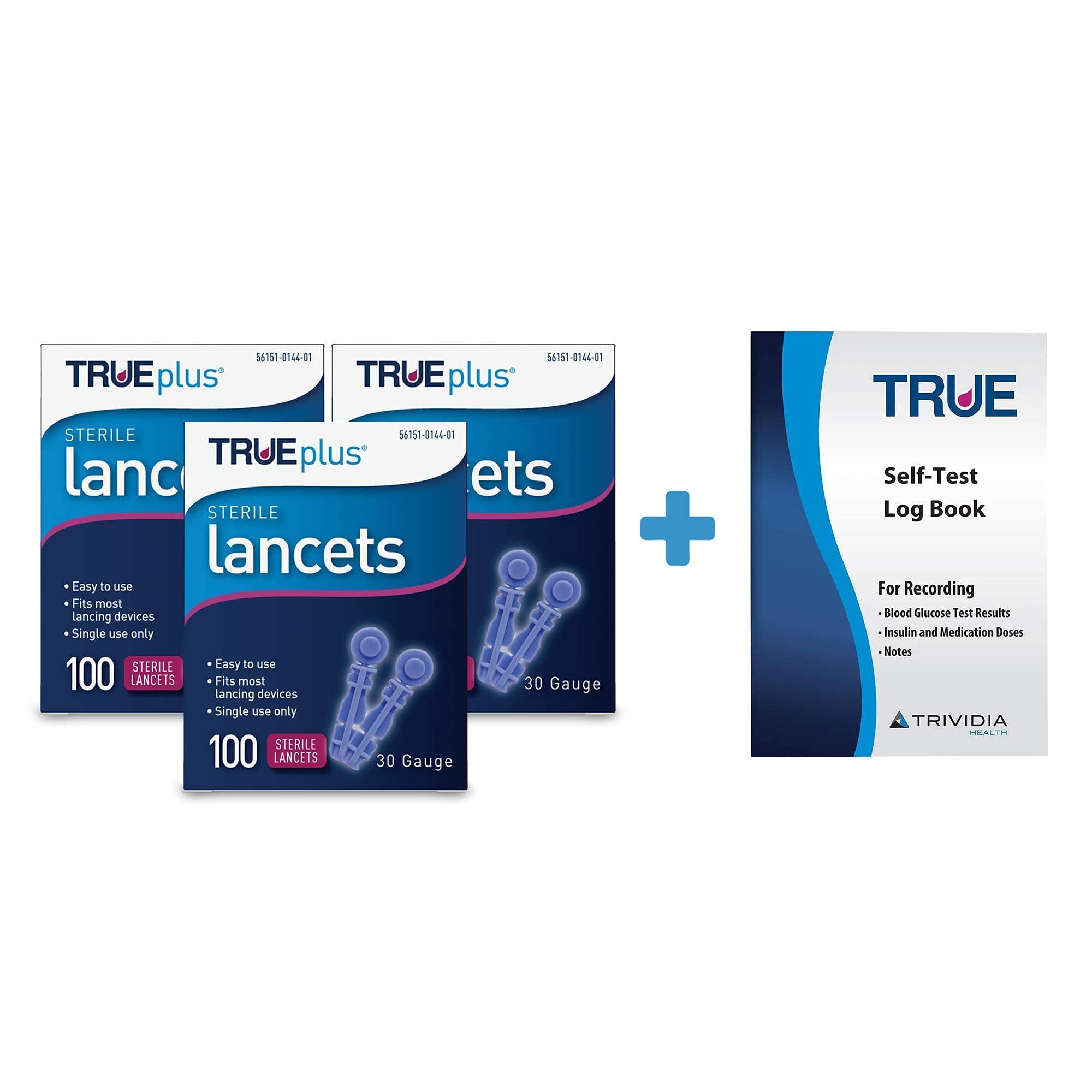 3X 100ct TRUE METRIX Blood Glucose Test Strips + 3X 100ct 30g TRUEplus Lancets + TRUEplus Diabetes Log Book Kit - Perfect for Daily Diabetes Monitoring at Home, Travel & Doctor Visits