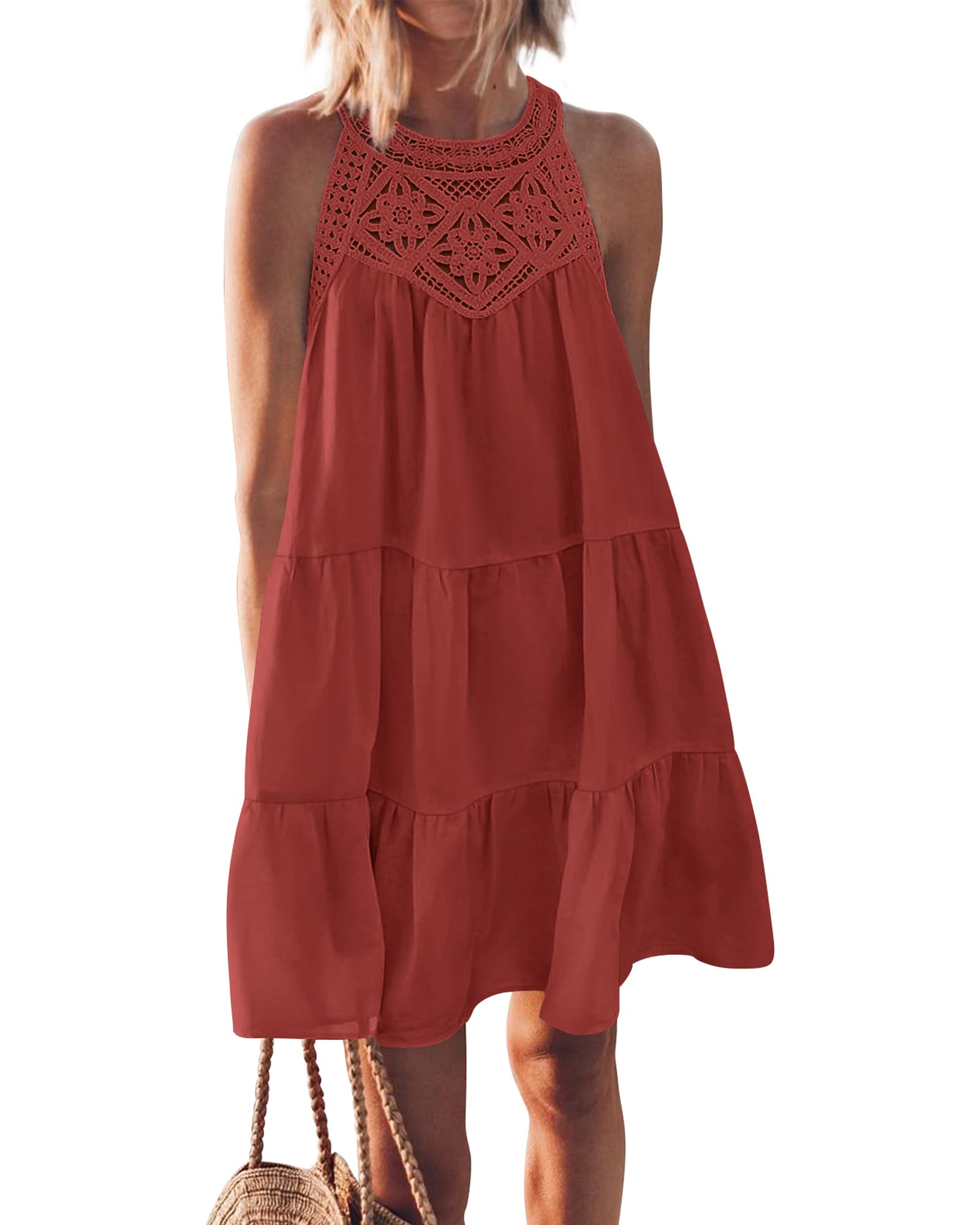 BTFBM Women's Summer Halter Dress - Sleeveless A-Line Tiered Swing Mini Sundress for Beach, Vacation & Casual Wear | Spring 2025 Fashion Trend