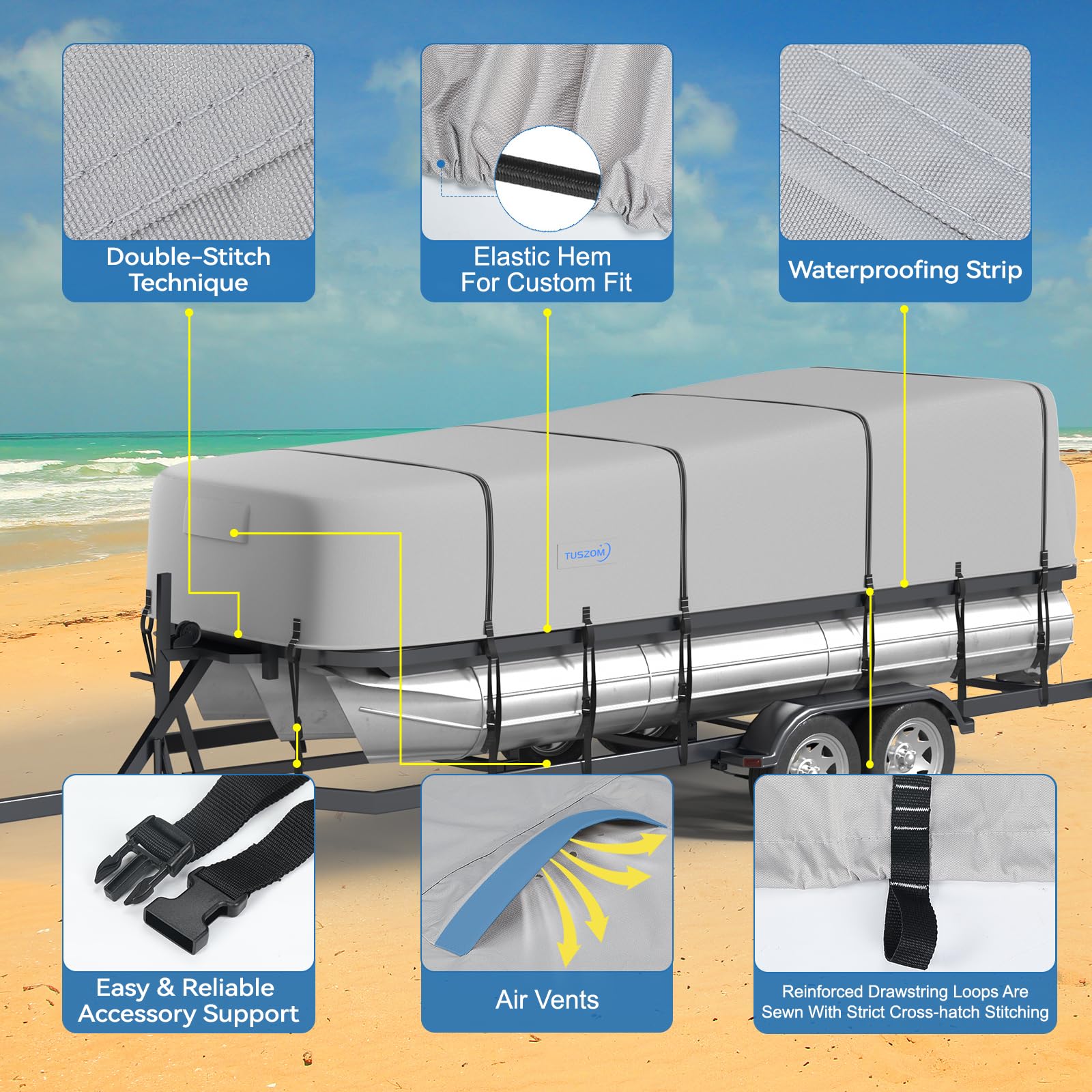 900D Waterproof Heavy Duty Pontoon Boat Cover with Motor Cover - True 900D Solution Dyed Trailerable Cover with 12+4 Windproof Straps (Fits 21'-24' Length, 102