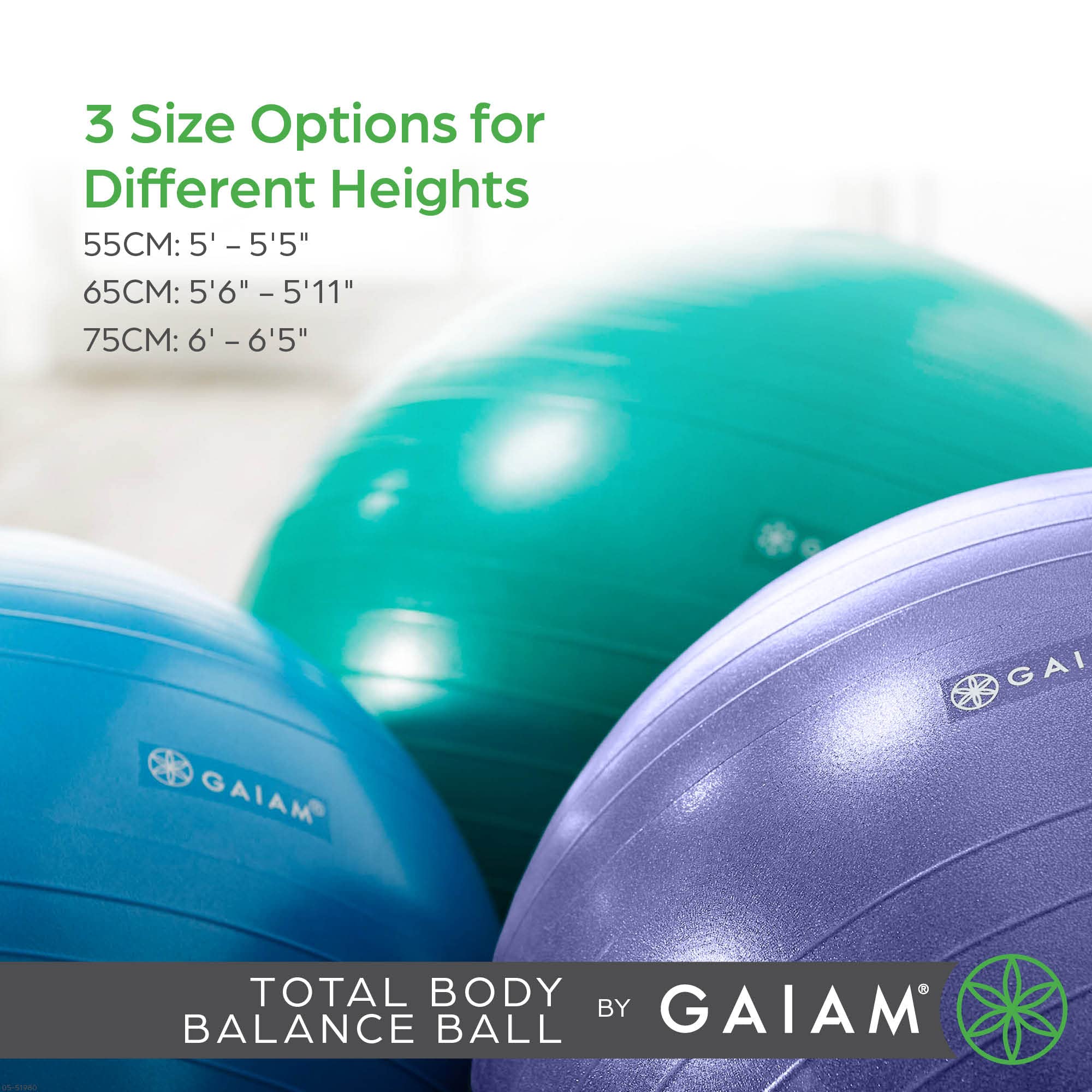 Gaiam Anti-Burst Exercise Ball with Air Pump - Total Body Balance & Stability Yoga Ball for Home Workouts, Office Chair Replacement, and Fitness Training - 45cm, 55cm, 65cm, 75cm Sizes - Perfect for Pilates, Yoga, Core Exercises, and Posture Improvement