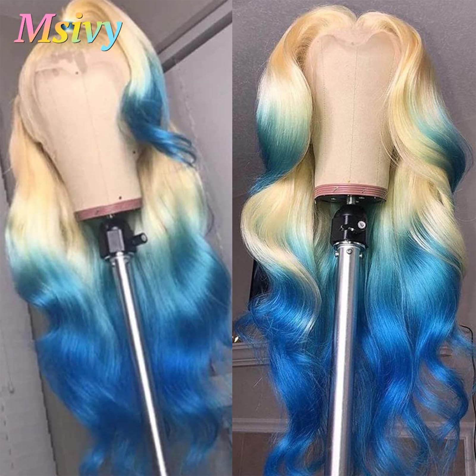 Blonde Blue Ombre Human Hair Wig - 13x4 Lace Front HD Transparent Glueless 180 Density 24 Inch - Perfect for Cosplay, Halloween, Parties & Special Events