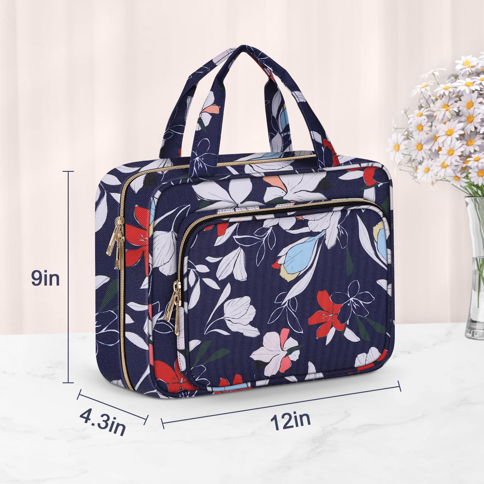 Wedama Large Waterproof Hanging Toiletry Bag for Women - Travel Cosmetic Organizer with PVC Material for Bathroom, Business Trips & Camping (Blue White Floral) | Perfect for Gym, Vacation & Weekend Getaways