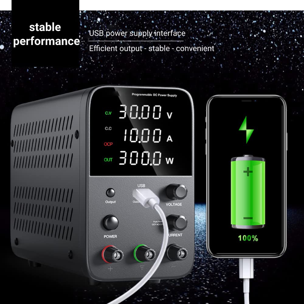 30V 10A Programmable DC Power Supply with USB & Digital Display - Adjustable Lab Bench Power Source for Electronics Repair, Notebook, Phone Testing (US Plug 115V) | Ideal for DIY Projects, Circuit Debugging & Device Charging