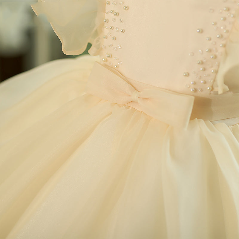 Champagne Tulle Princess Flower Girl Dress with Boat Neck & Cap Sleeves - Perfect for Weddings, Pageants & Special Occasions