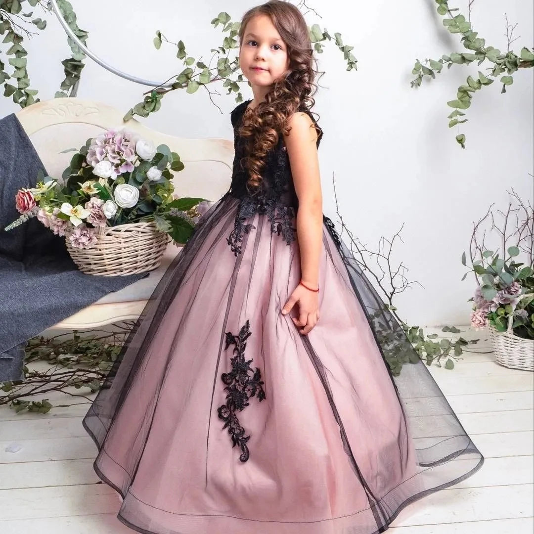Princess Girls Party Dress - Blush & Black Formal Gown for Kids Birthday, Wedding & Special Occasions