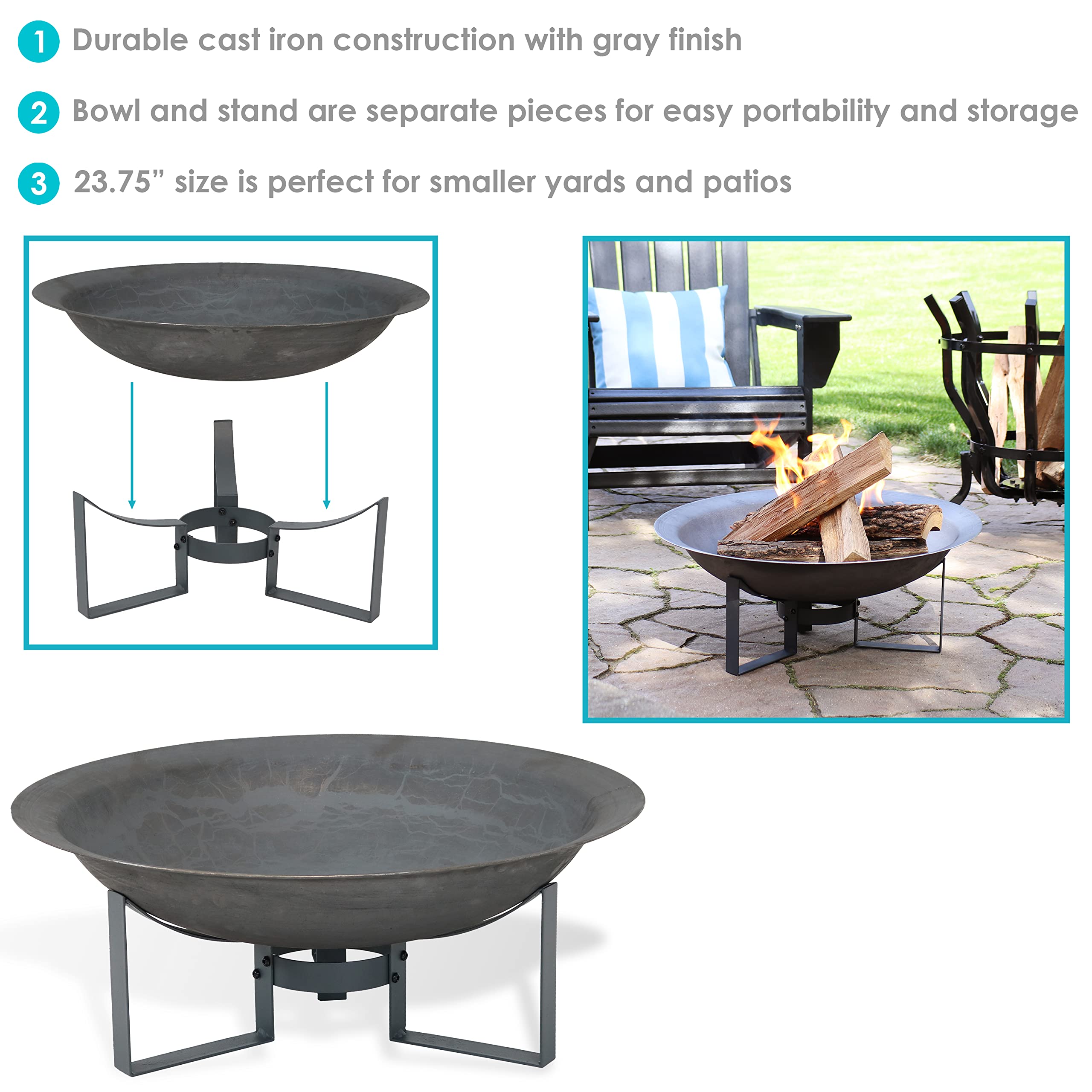 Sunnydaze 24-Inch Cast Iron Fire Pit Bowl with Stand - Lightweight Portable Outdoor Fire Pit for Patio, Backyard, Camping & Garden Gatherings