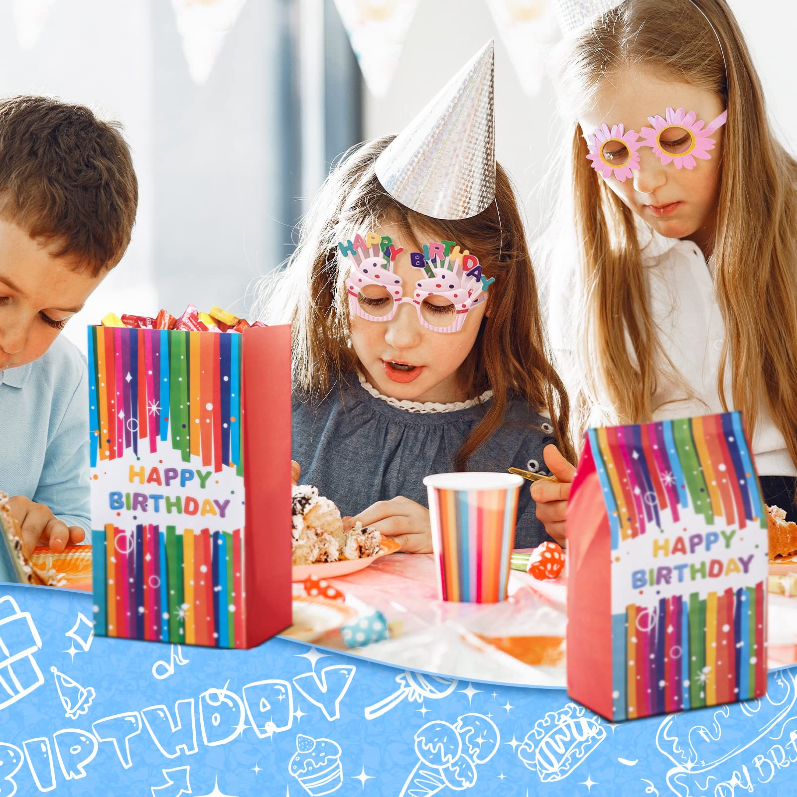 24 Pack Happy Birthday Party Favor Bags - Eco-Friendly Kraft Paper Goodie Bags for Candy, Gifts & Treats | Perfect for Kids Birthday Party Decorations & Supplies (Girls & Boys) | Great for Classroom Celebrations, Baby Showers & Holiday Events