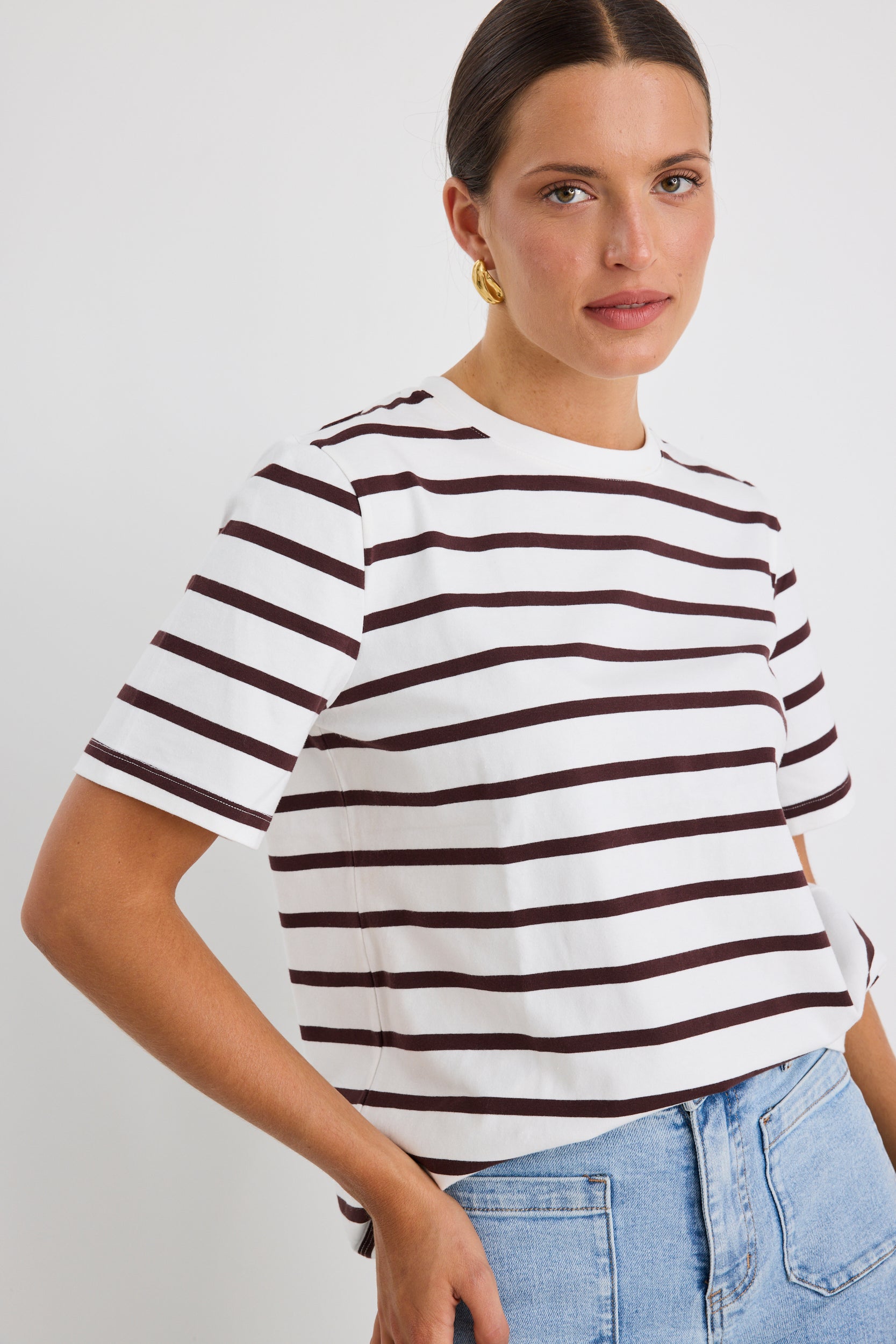White Stripe Boxy Fit Tee - Soft Cotton Women's T-Shirt for Casual Wear & Street Style | Chocolate Binding Detail