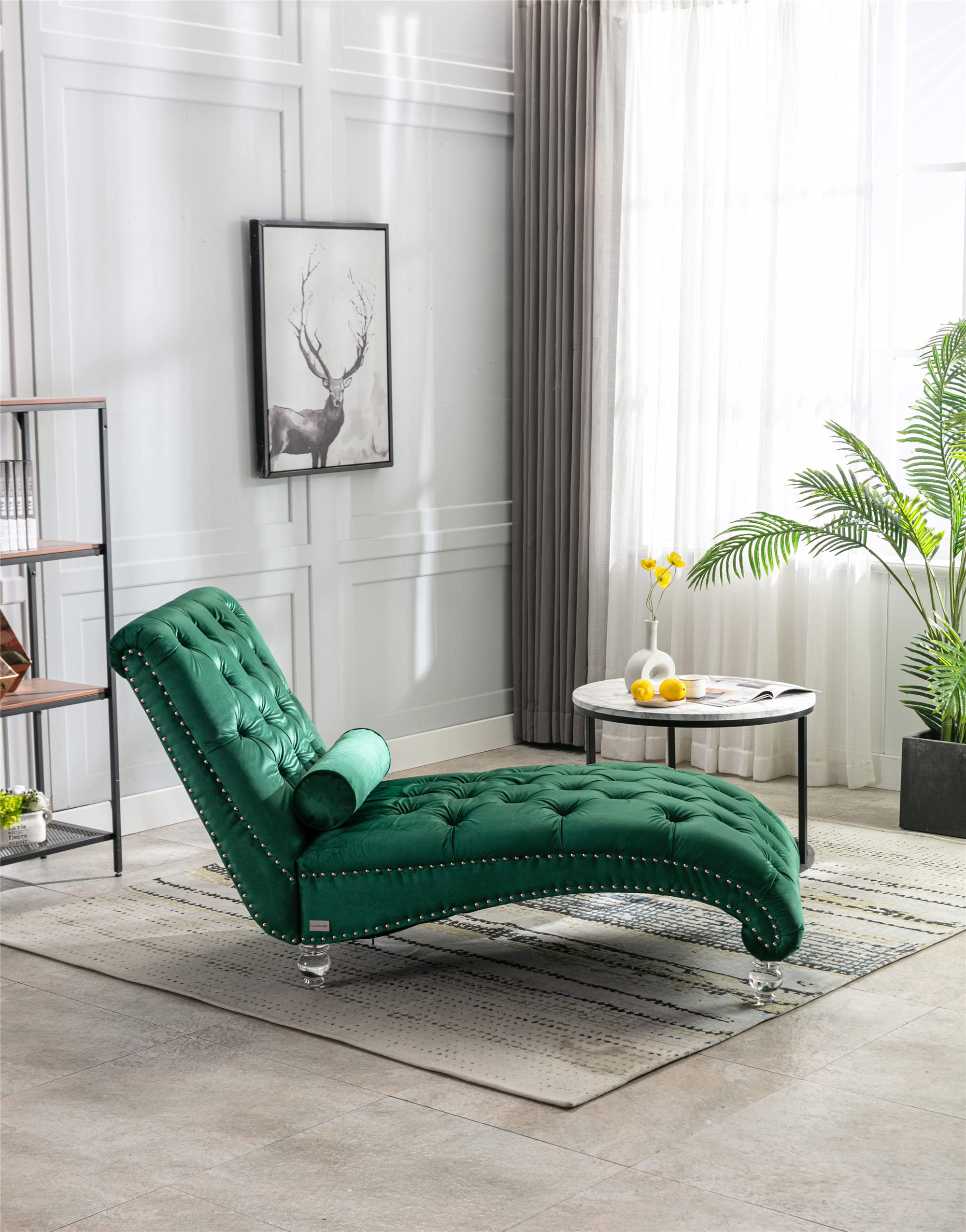 Velvet Chaise Lounge Chair with Tufted Buttons & Toss Pillow - Upholstered Modern Sofa with Acrylic Feet for Living Room, Bedroom, Office - Emerald Green Lounge Chair for Relaxing, Reading & Napping