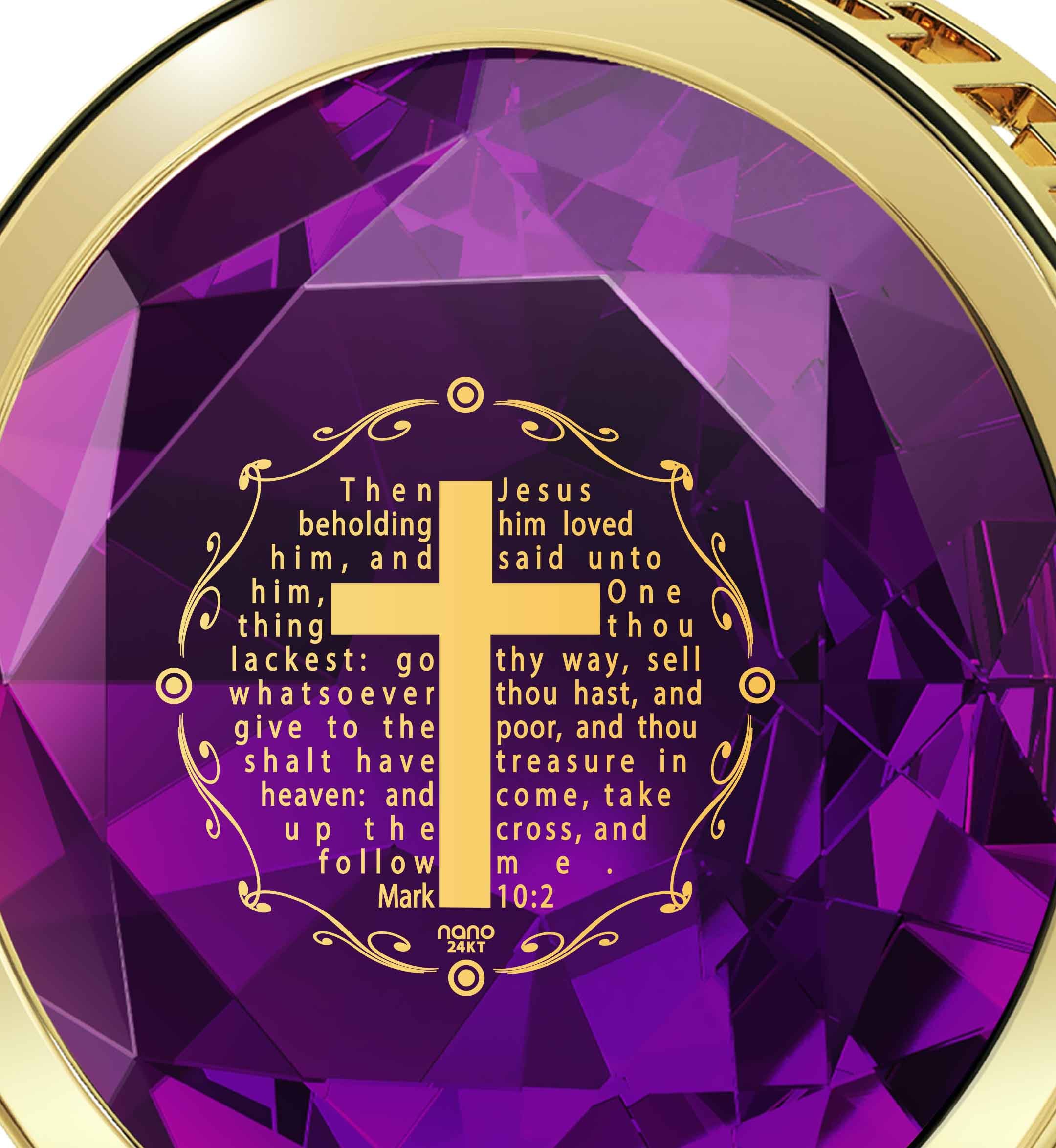 24K Gold Plated Cross Necklace with Mark 10:21 Engraved Christian Pendant - Cubic Zirconia Accent, 18