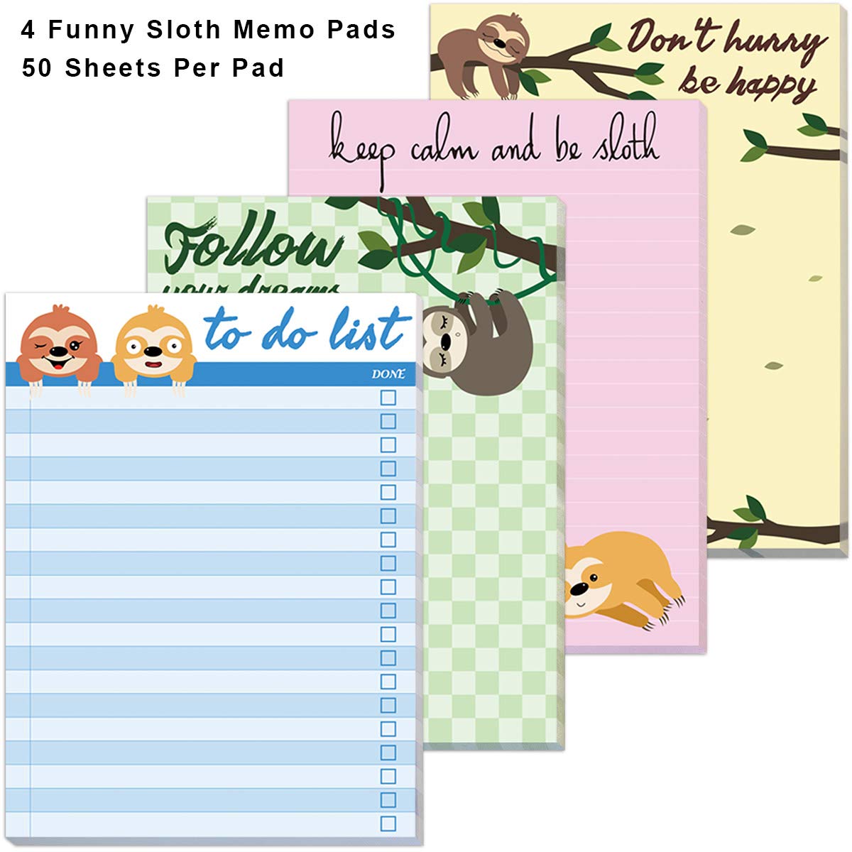 Funny Sloth Memo Pads 4-Pack - Cute Animal Notepads for Office, Home & School - Perfect Gift Idea for Lazy Days, To-Do Lists & Memos - Great for Work Desks, Study Notes & Daily Reminders