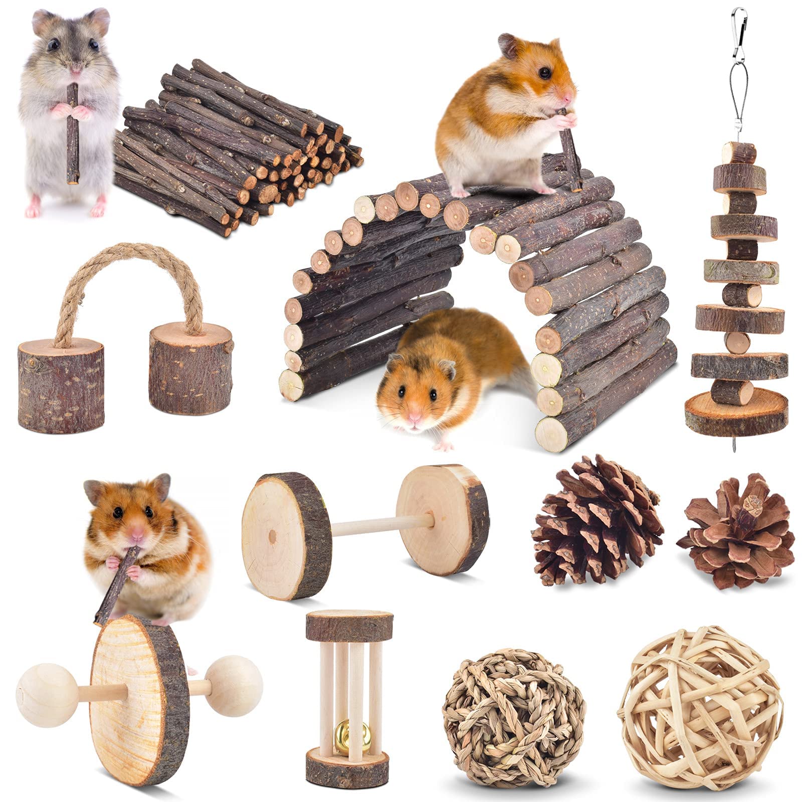 ERKOON 11 Pack Natural Apple Wood Chew Toys for Chinchillas, Hamsters, Gerbils, Rats & Guinea Pigs - Teeth Care Accessories with Ladder, Bell & Roller - Perfect for Cage Enrichment & Small Pet Dental Health