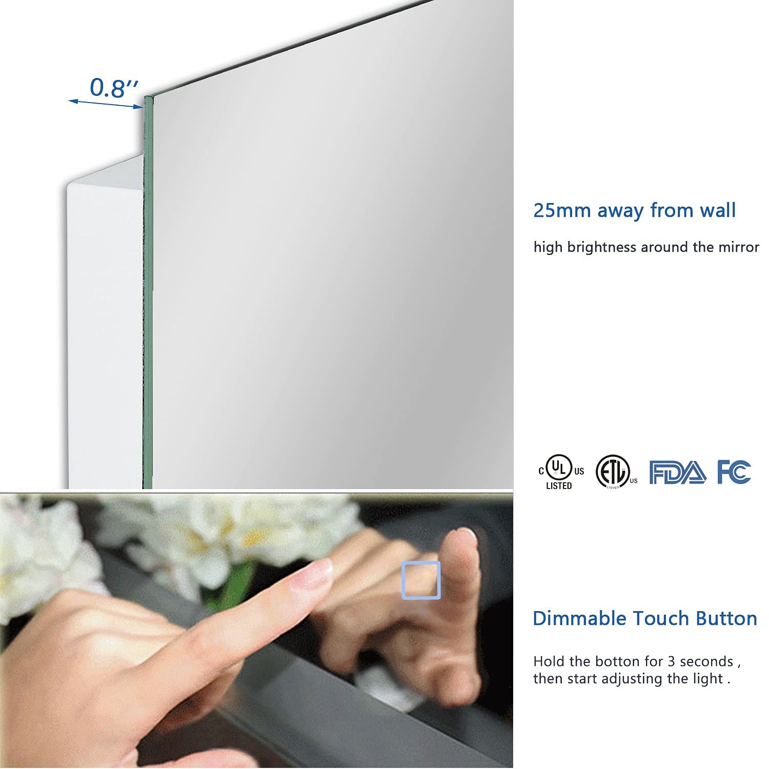 H&A LED Full Length Wall Mirror with Lights - Anti-Fog Bathroom Vanity Mirror with Touch Control, 65