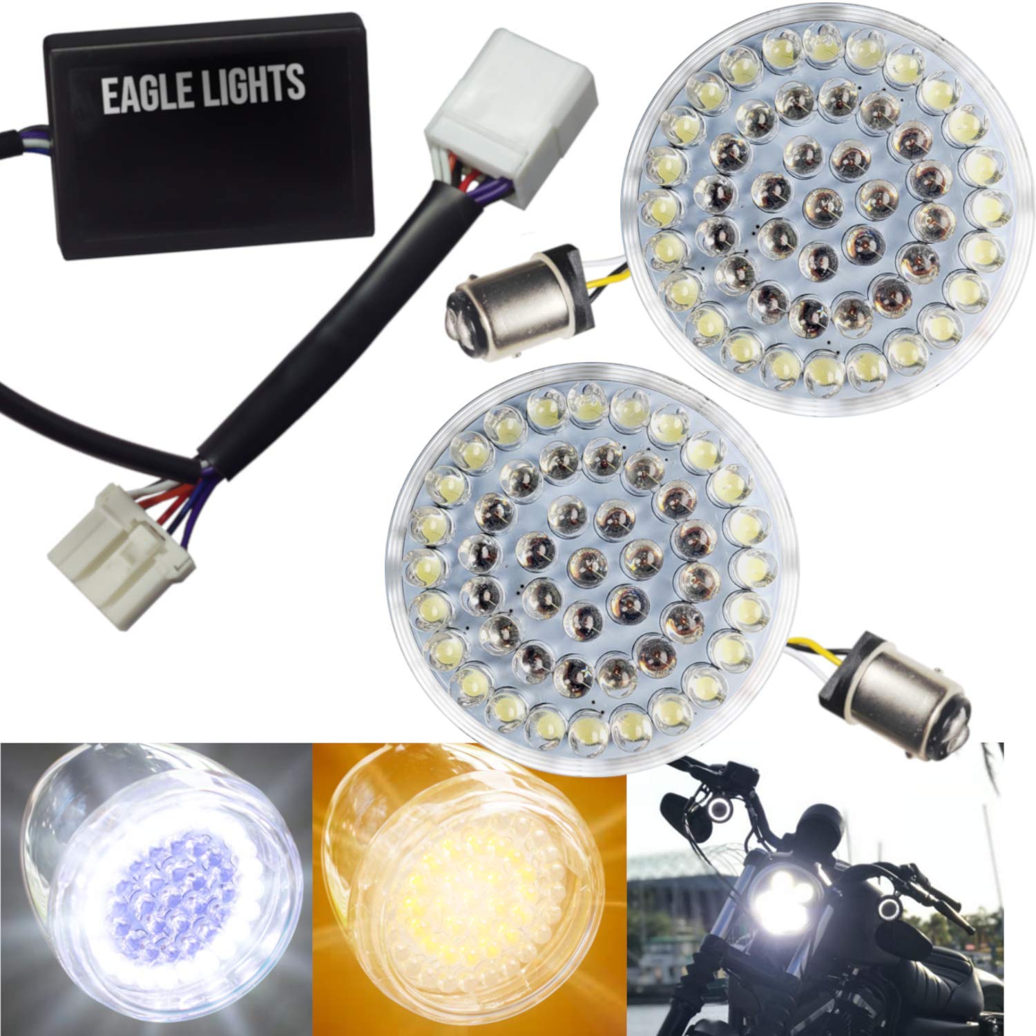 Eagle Lights 8748TS-EE 2 Inch Front LED Turn Signals with White Running Lights & Load Equalizer for Harley Davidson Street Glide FLHX (2006-2009) - Motorcycle Safety Lighting for Night Riding & Enhanced Visibility