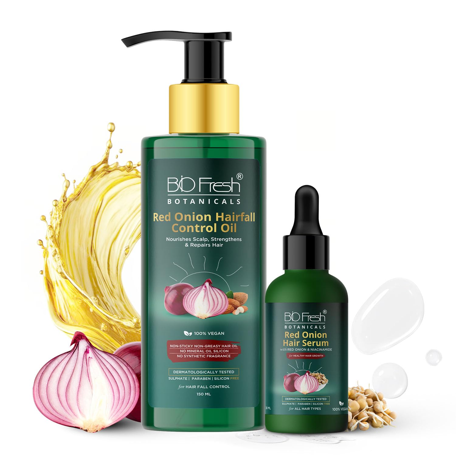BioFresh Botanicals Red Onion Anti-Hairfall Oil & Hair Serum Combo for Hair Growth | Onion Hair Care for All Hair Types | Promotes Thicker, Stronger Hair for Men & Women | Perfect for Daily Scalp Massage & Night Treatment