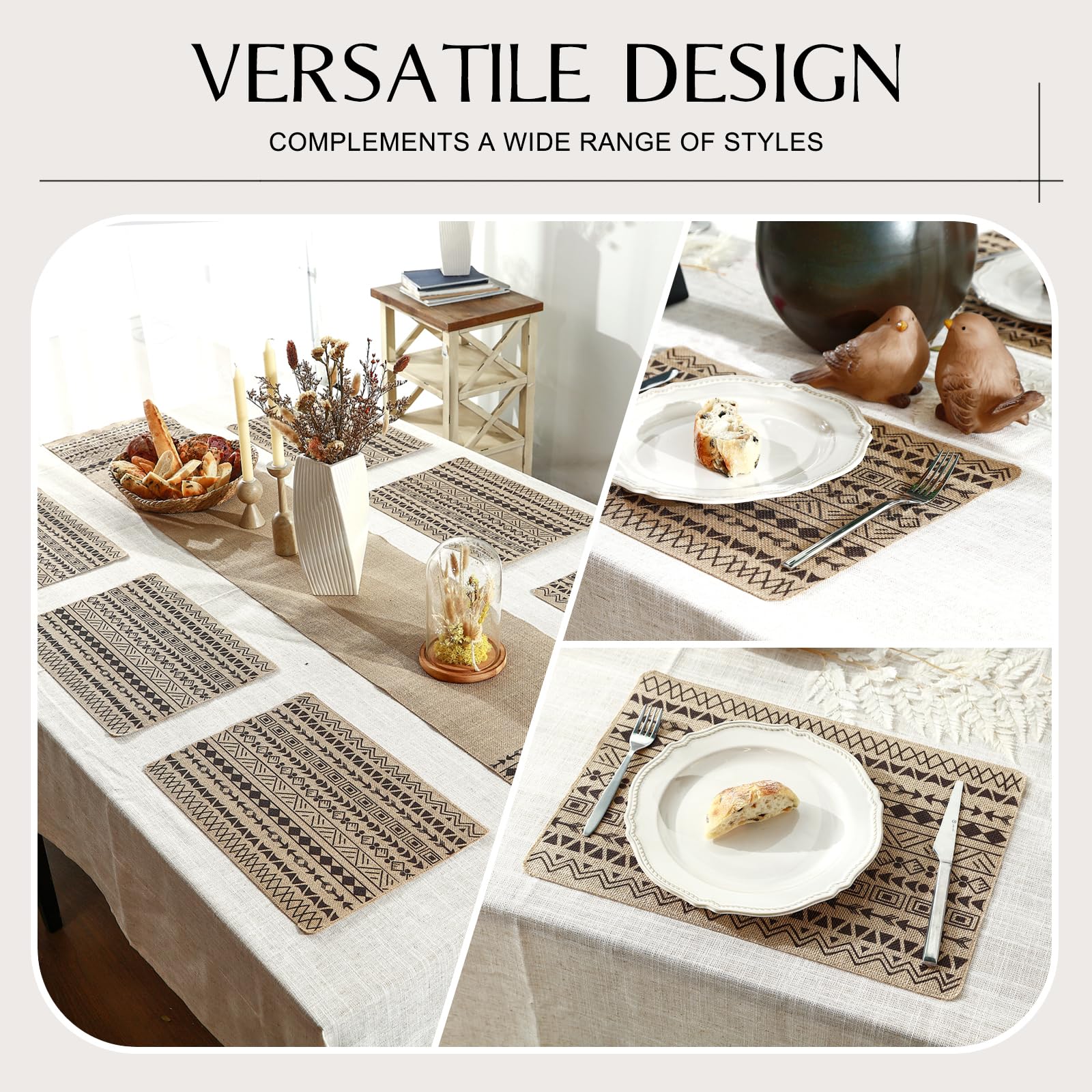 Natural Jute Placemats Set of 6 - Rustic Washable Linen Table Mats for Kitchen Dining, Thanksgiving, Parties & Weddings - Boho Chic Home Decor for Farmhouse & Modern Tables