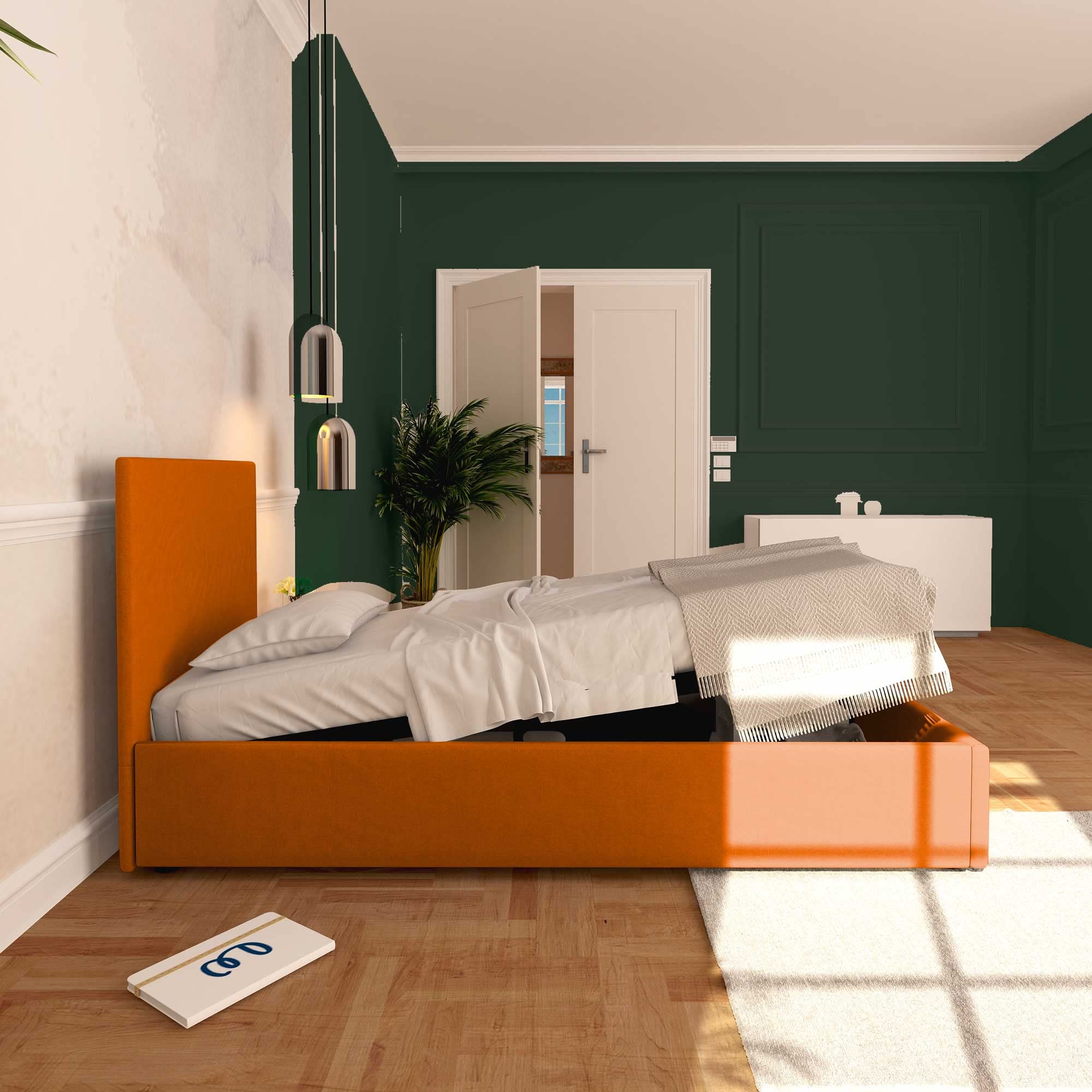 Baldiflex Single Bed with Storage - Rossano Model Synthetic Leather Upholstery, Slatted Base for Single Mattresses, 80 x 200 cm, Elegant Headboard in Orange - Perfect for Small Bedrooms, Guest Rooms & Studio Apartments