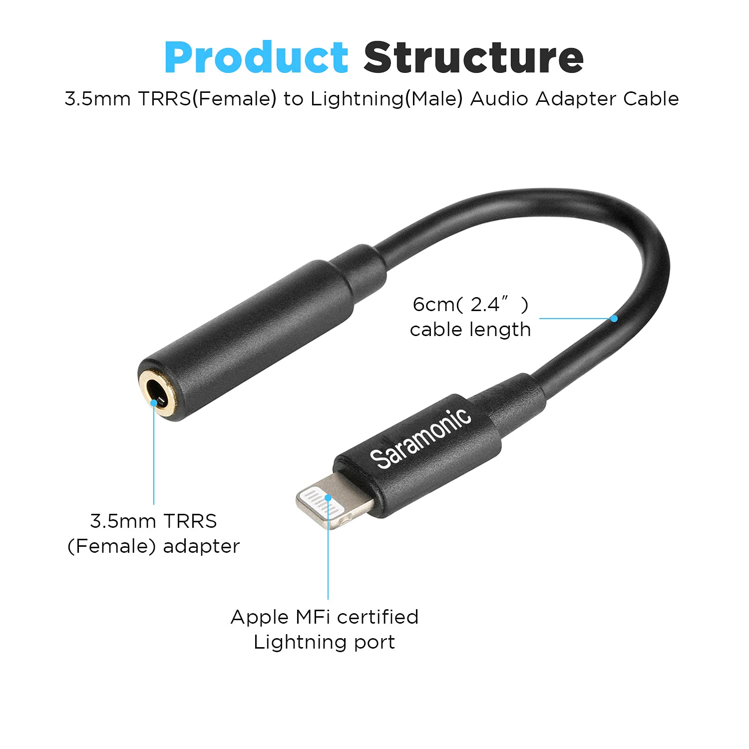 Saramonic SR-C2002 MFi Certified 3.5mm TRRS to Lightning Female Adapter Cable (6cm) - Compatible with iPhone, iPad, Smartphones & Tablets - Perfect for Car Audio, Home Theater & Mobile Recording