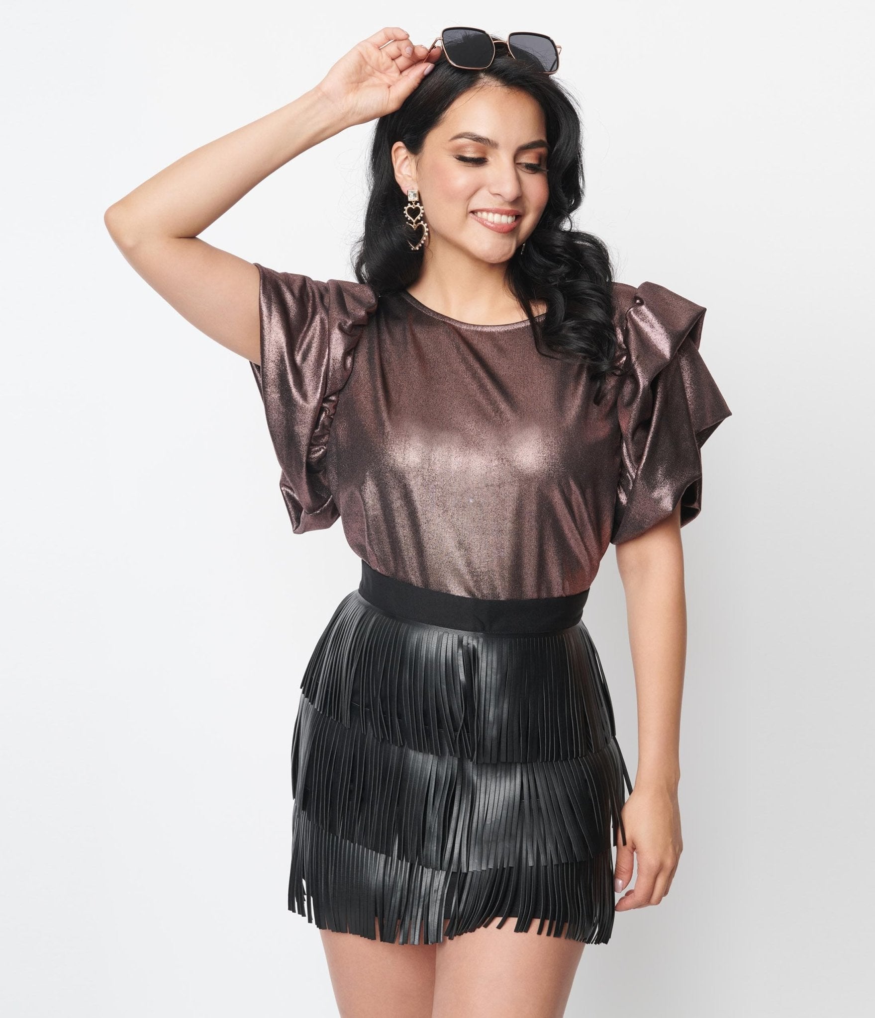 Elegant Purple Metallic Ruffle Blouse for Women - Trendy Party & Evening Wear - Perfect for Date Nights, Cocktail Events & Special Occasions