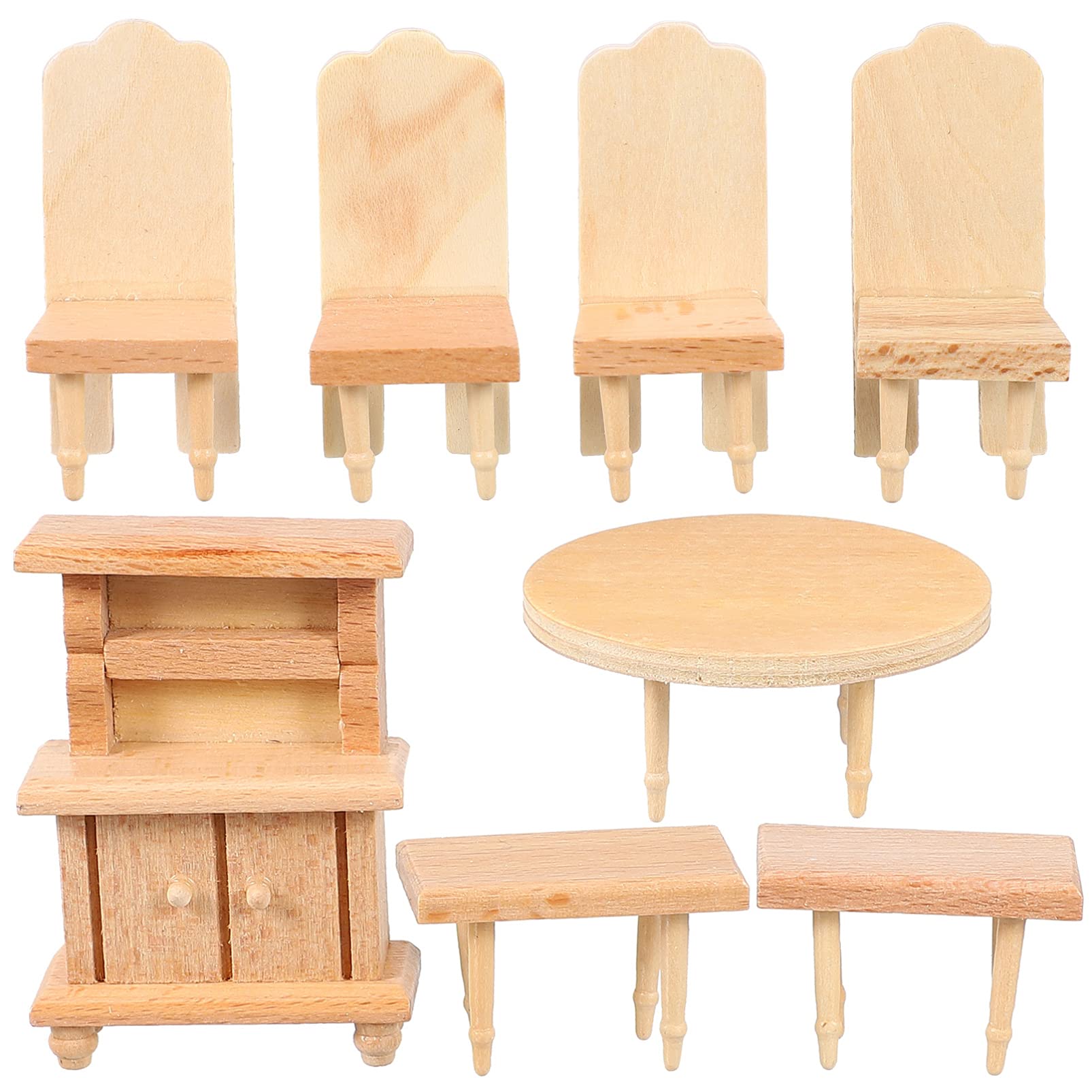 VALICLUD 8-Piece Miniature Dollhouse Furniture Set - Wooden Dining Table, Chairs, Cabinet & Desk - Realistic Dollhouse Accessories for Dining Room Decor & DIY Miniature Projects | Perfect for Collectors, Model Making & Creative Play