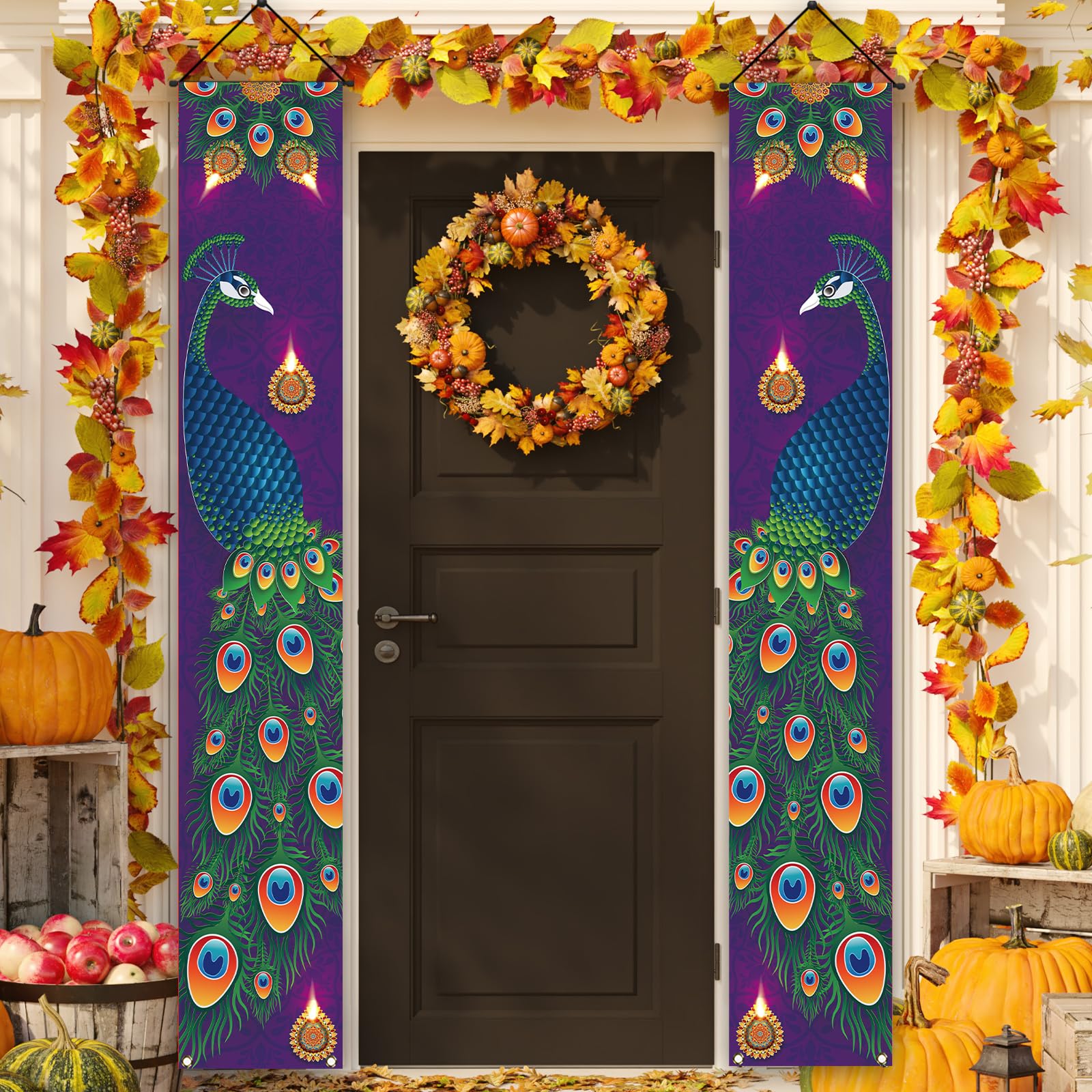 Happy Diwali Porch Banner - 12×71 Inch Indian Festival of Lights Decoration with Peacock Design for Front Door Welcome Sign | Perfect for Diwali/Deepavali Celebrations, Home Decor & Outdoor Party Decor