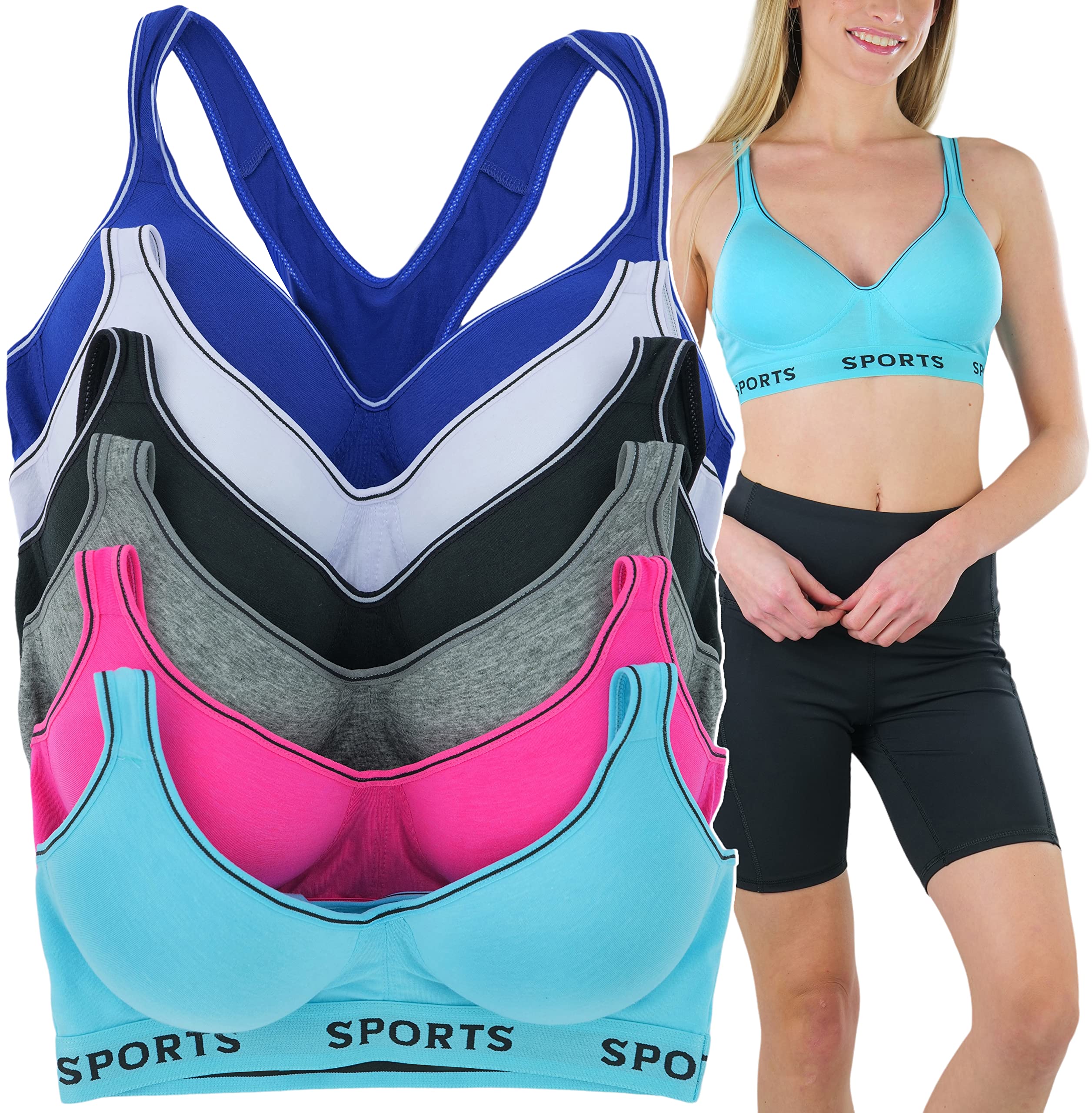 ToBeInStyle Women's 6-Pack Colorful Sports Bras with Logo on Lower Band - Perfect for Yoga, Running & Gym Workouts