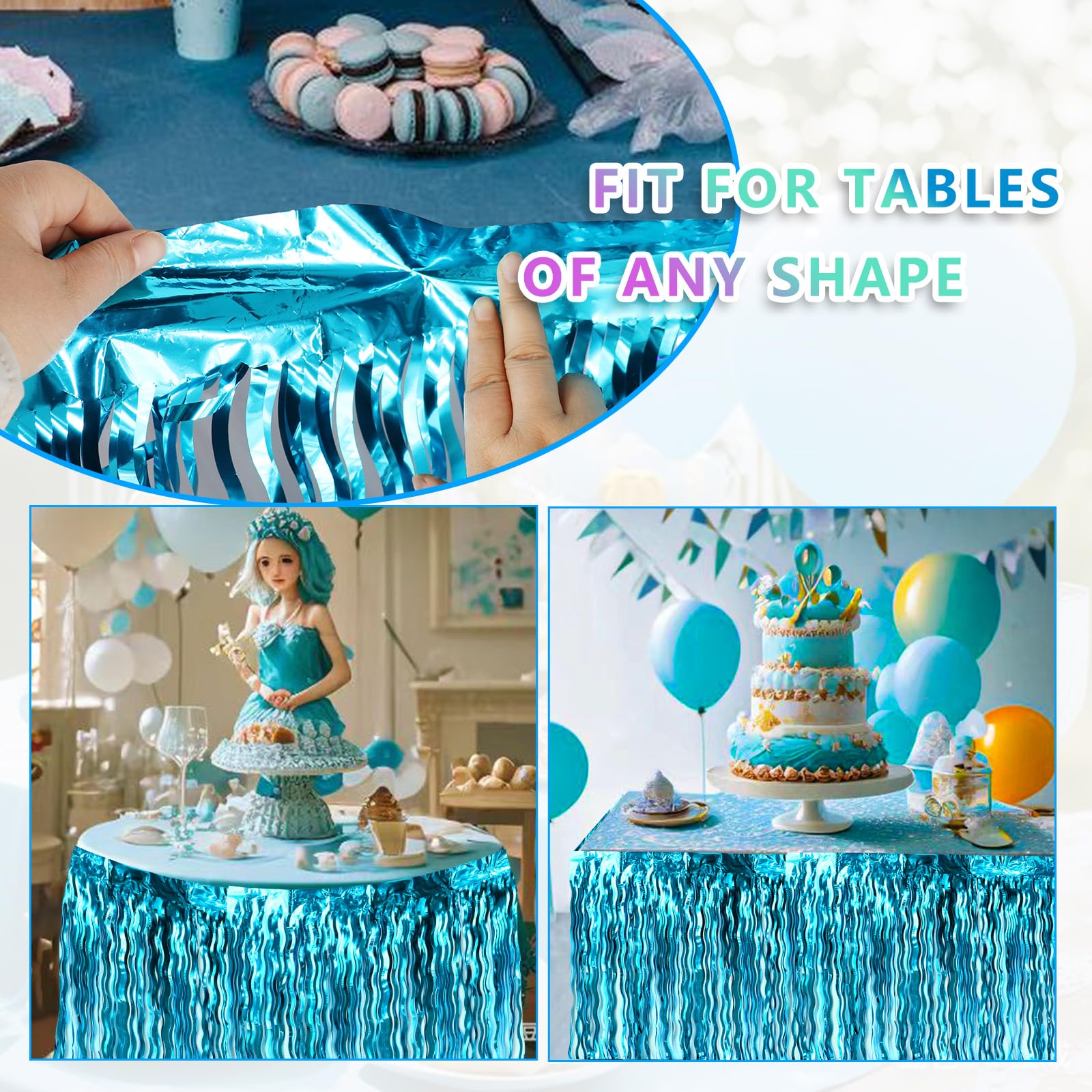 2 Pack Blue Wavy Foil Fringe Table Skirt - Under The Sea Party Decorations for Summer Beach, Mermaid Birthday & Ocean Baby Shark Theme Parties (X-Large, MG183) | Perfect for Kids Birthday Decor, Baby Showers & Poolside Celebrations