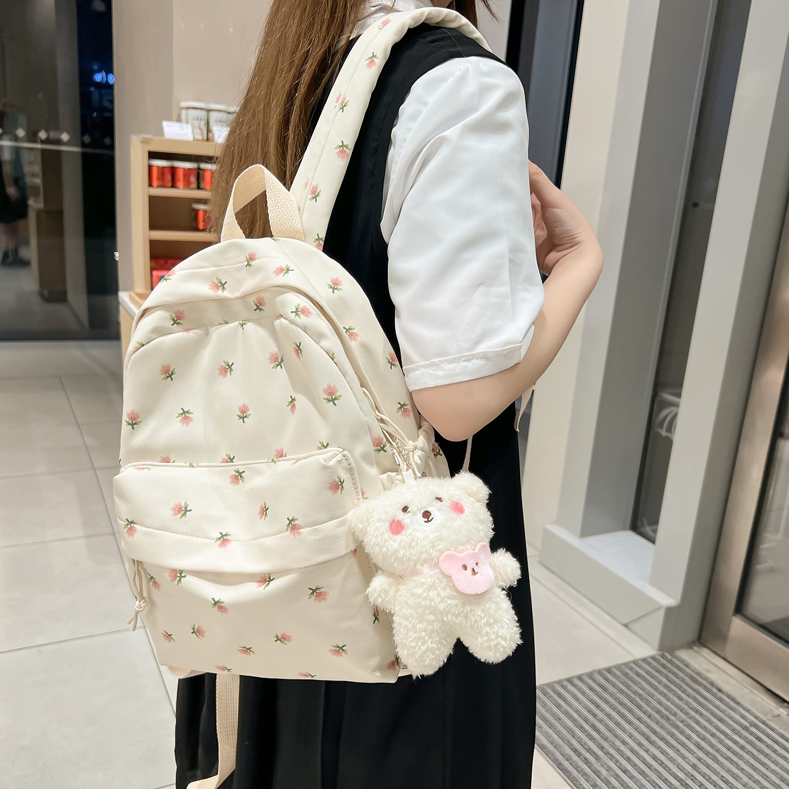 Kawaii Floral Backpack with Pendant - 12.2 Inch Cute Aesthetic Medium School Bag for Women & Teens (White) - Perfect for School, Travel & Everyday Use
