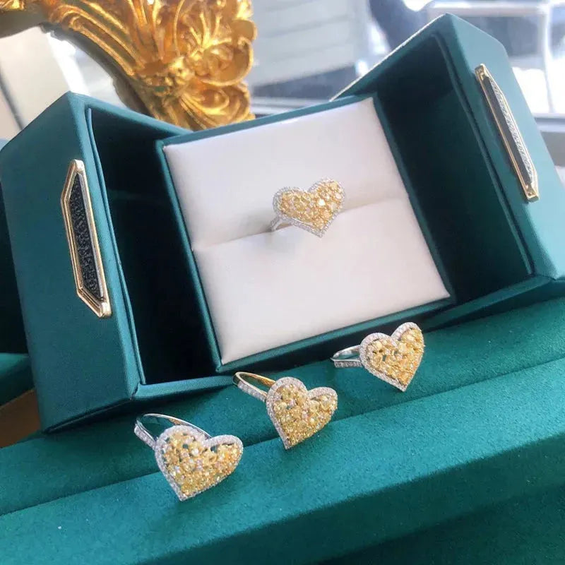 18K Solid Gold Heart Shape Ring with Real Yellow & White Diamonds - Elegant Fine Jewelry for Women, Trendy Party Wear, Anniversary Gift & Special Occasions