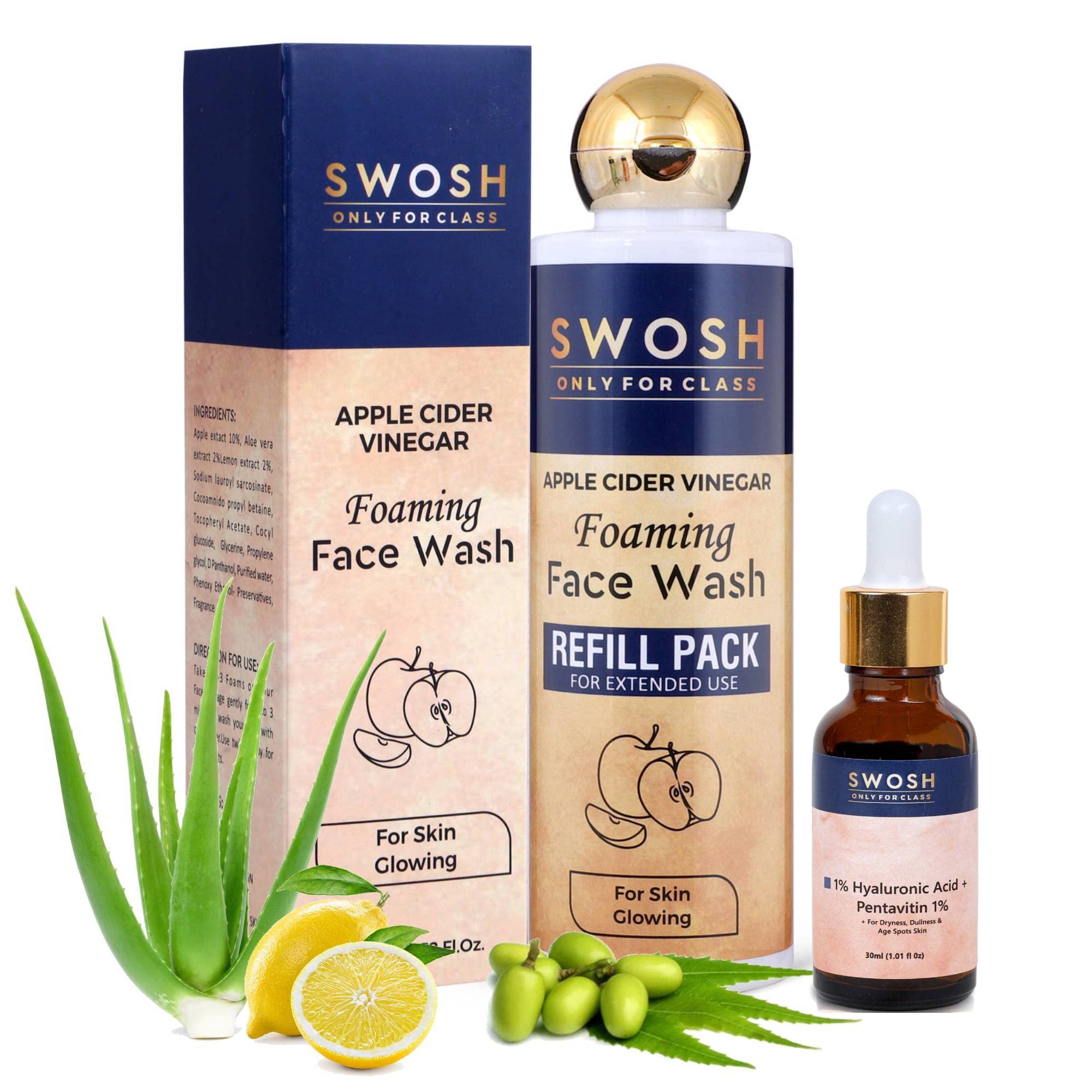 SWOSH Foaming Refill Pack Apple Cider Vinegar Face Wash 200ml for Acne & Oily Skin | Hyaluronic Acid Serum Moisturizer 30ml | Gentle Cleanser for Women & Men | Perfect for Daily Skincare Routine & Blemish Control