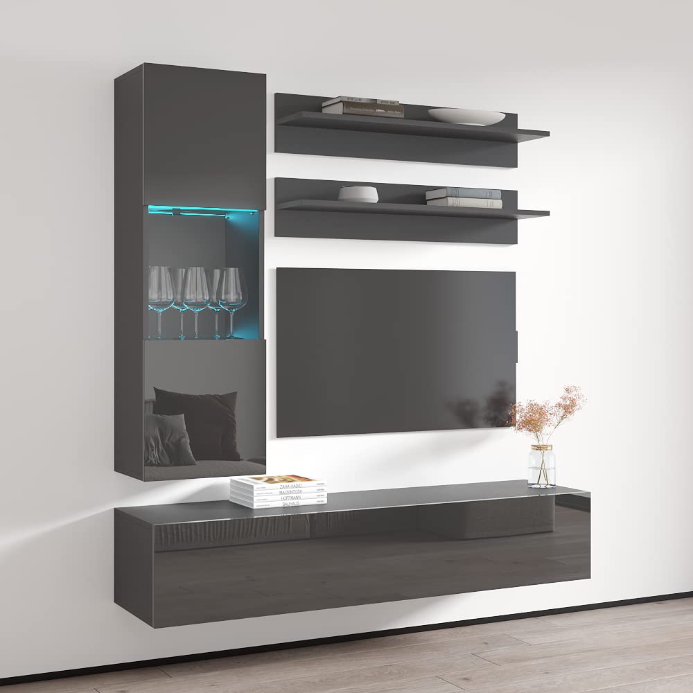 Modern Wall-Mounted TV Stand with Storage Shelves & LED Lights - H30 Entertainment Center Console for Living Room & Bedroom - Space-Saving Gray TV Cabinet (Perfect for Small Apartments & Home Theater Setups)