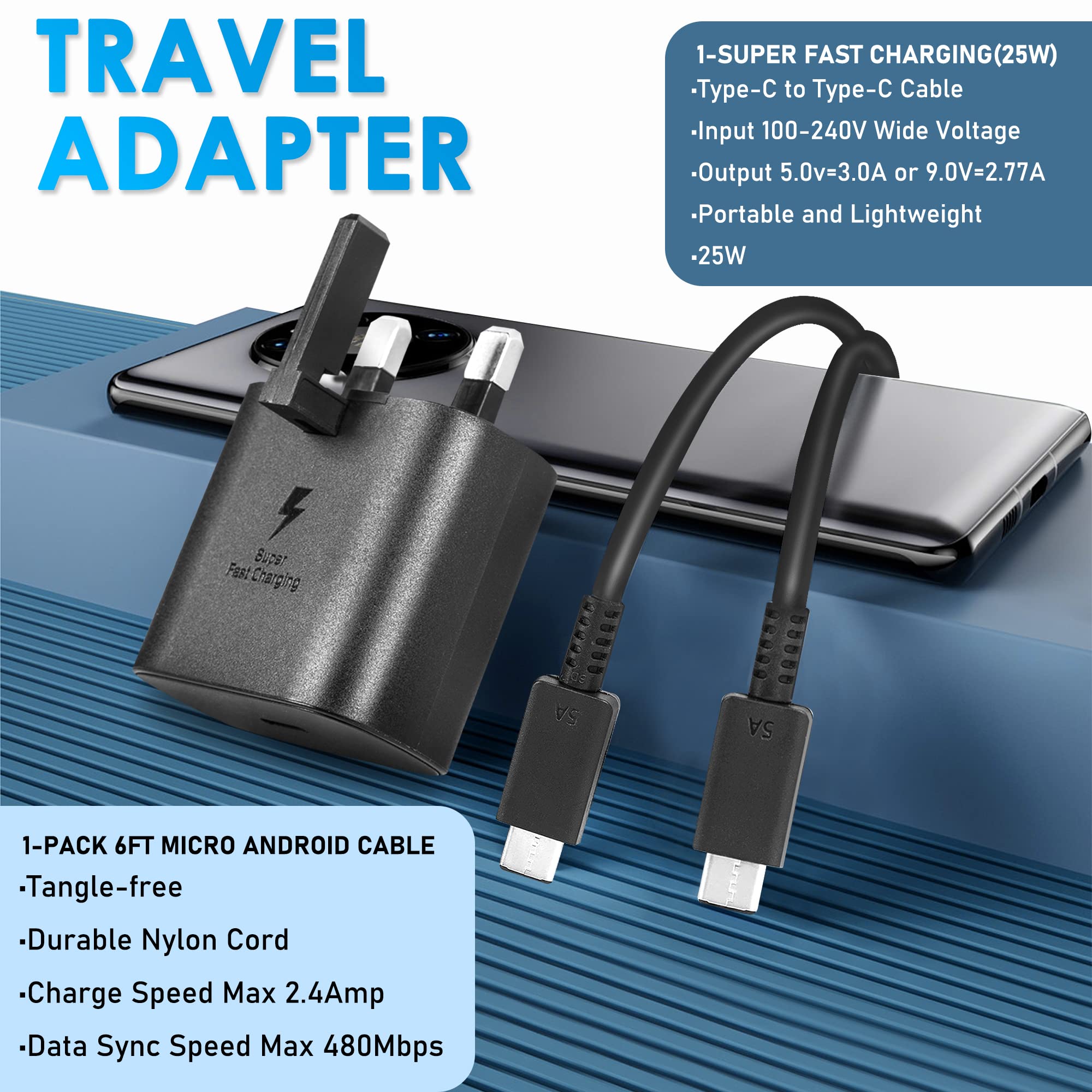 Chargeway 25W Fast Charger with 6FT USB-C Cable - Quick Charge for Samsung Galaxy S23/S22/S21, Note 20, A Series & USB-C Devices - Perfect for Travel, Office & Home Charging
