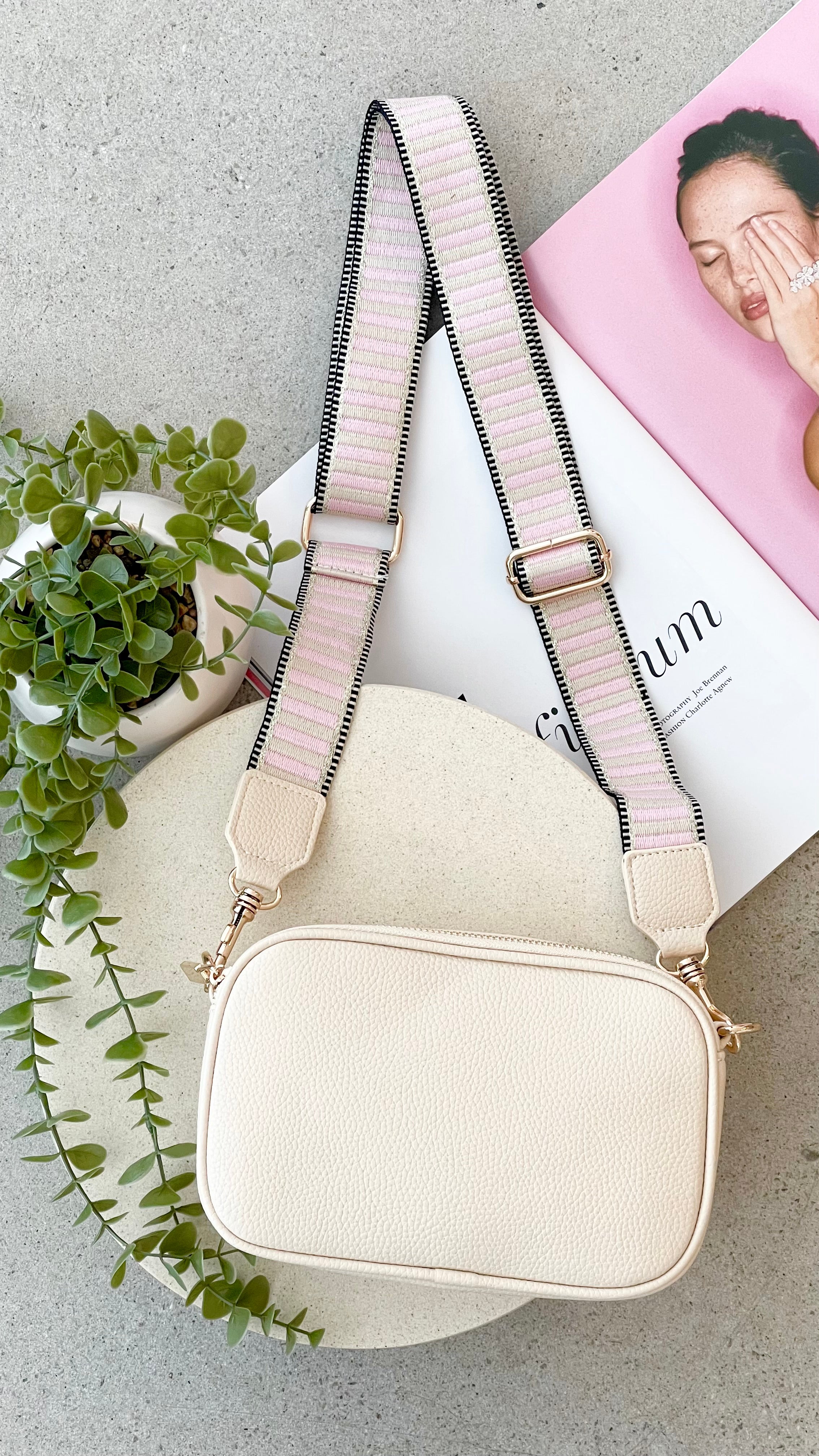 Bella Striped Webbing Camera Bag - Cream & Pink Crossbody Purse for Women | DSLR Camera Case, Travel Essentials, Everyday Use for Photographers & Fashion Lovers